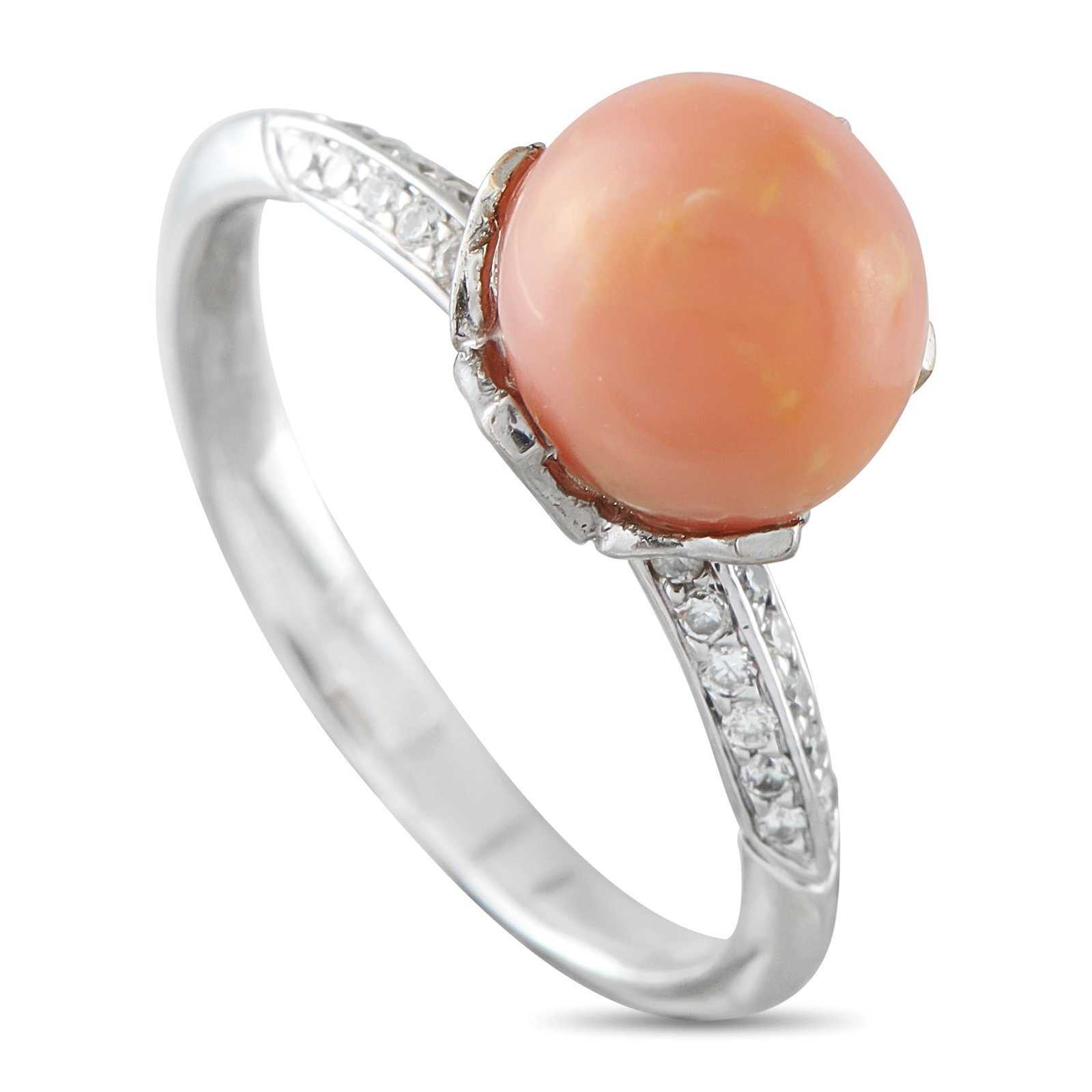18K White Gold 0.10ct Diamond and Conch Pearl Ring: A delicate design makes this luxury ring incredibly chic. At the center, a 4.07 carat Conch Pearl adds a soft pop of color. Diamond accents totaling 0.10 carats elevate the simple 18K White Gold setti