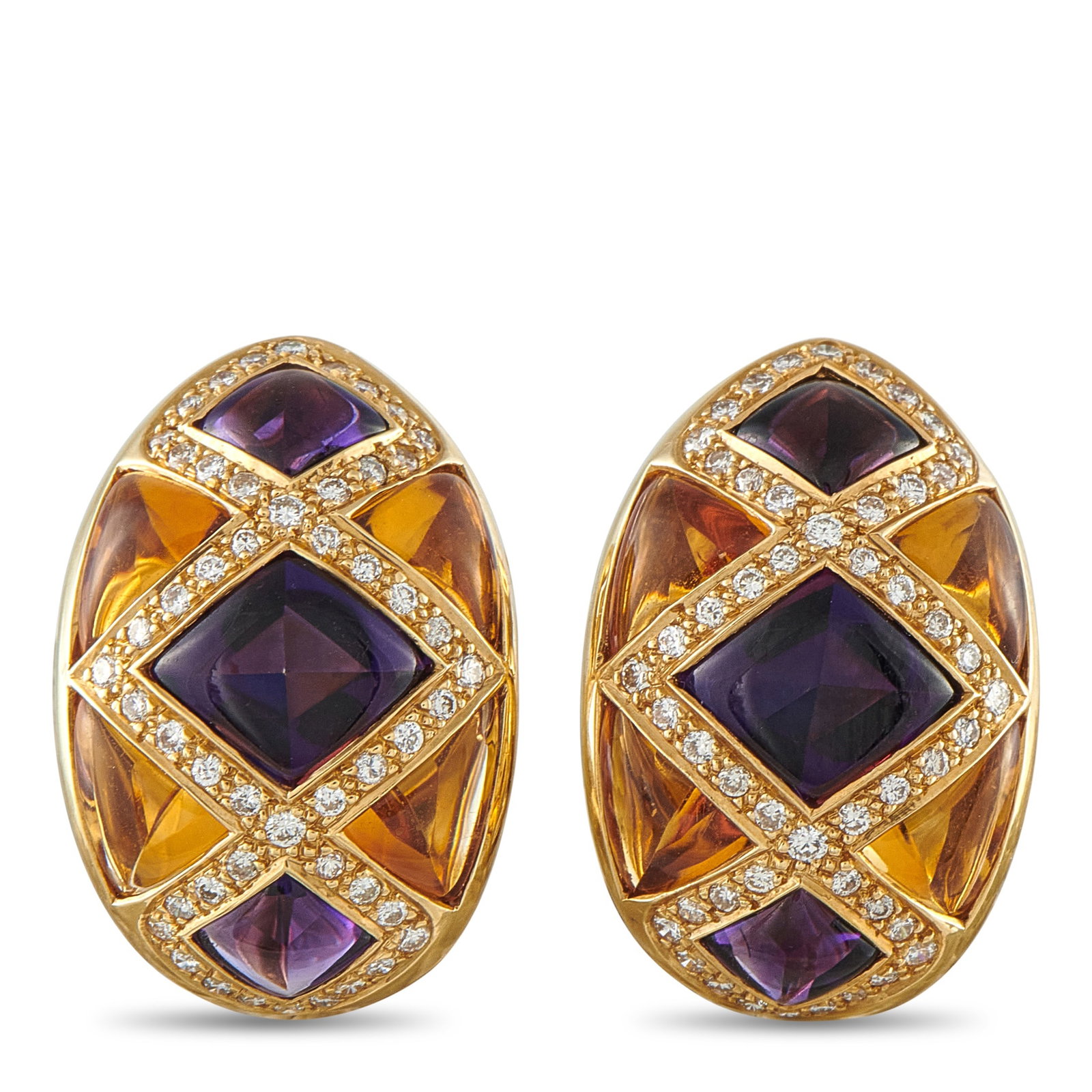 18K Yellow Gold 1.0ct Diamond, Citrine and Amethyst Earrings: Moving away from subtle daily accents, these earrings prioritize dramatic scale and deliberate, unapologetic color pairing. Crafted in 18K yellow gold, each ovoid earring is fastened by an omega clasp