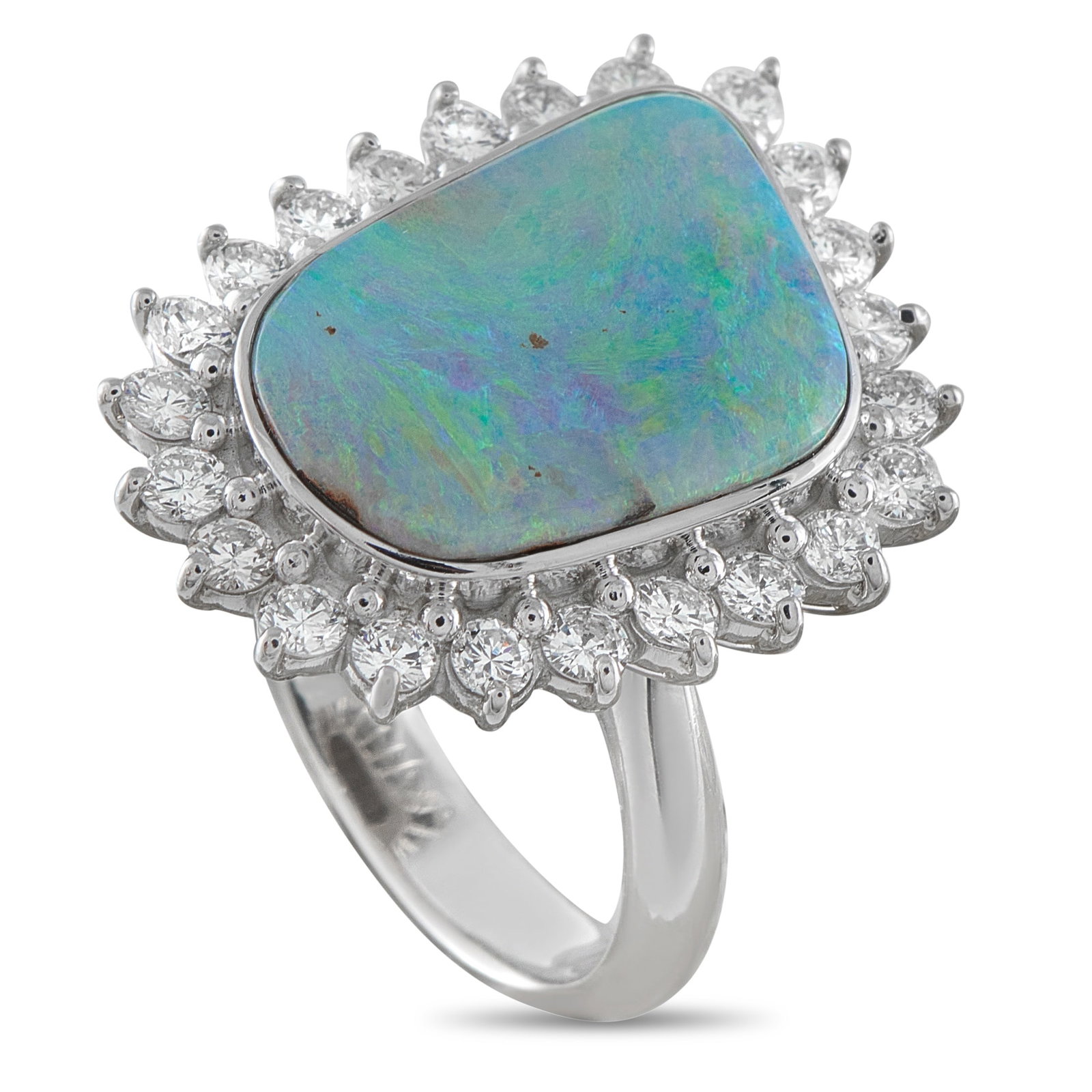 Platinum 1.30ct Diamond and Opal Ring: Beauty here comes from the fact that nothing is perfectly symmetrical. The 8.79-carat opal takes on an irregular freeform shape, its shifting flashes of blue and green spreading broadly across the fin