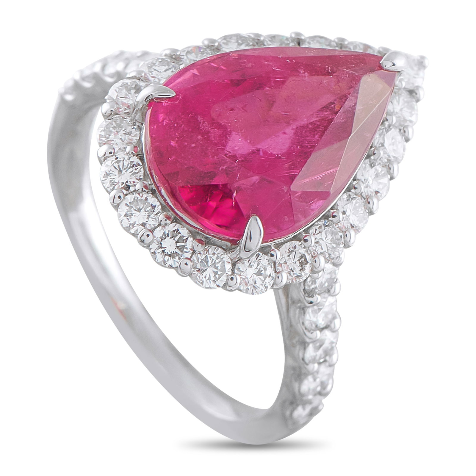 Platinum 1.02ct Diamond and Rubellite Ring: This luxury ring is an instant classic. A 5.09 carat pear-shaped Rubellite center stone adds a striking pop of color, while Diamond accents totaling 1.02 carats allow it to effortlessly radiate