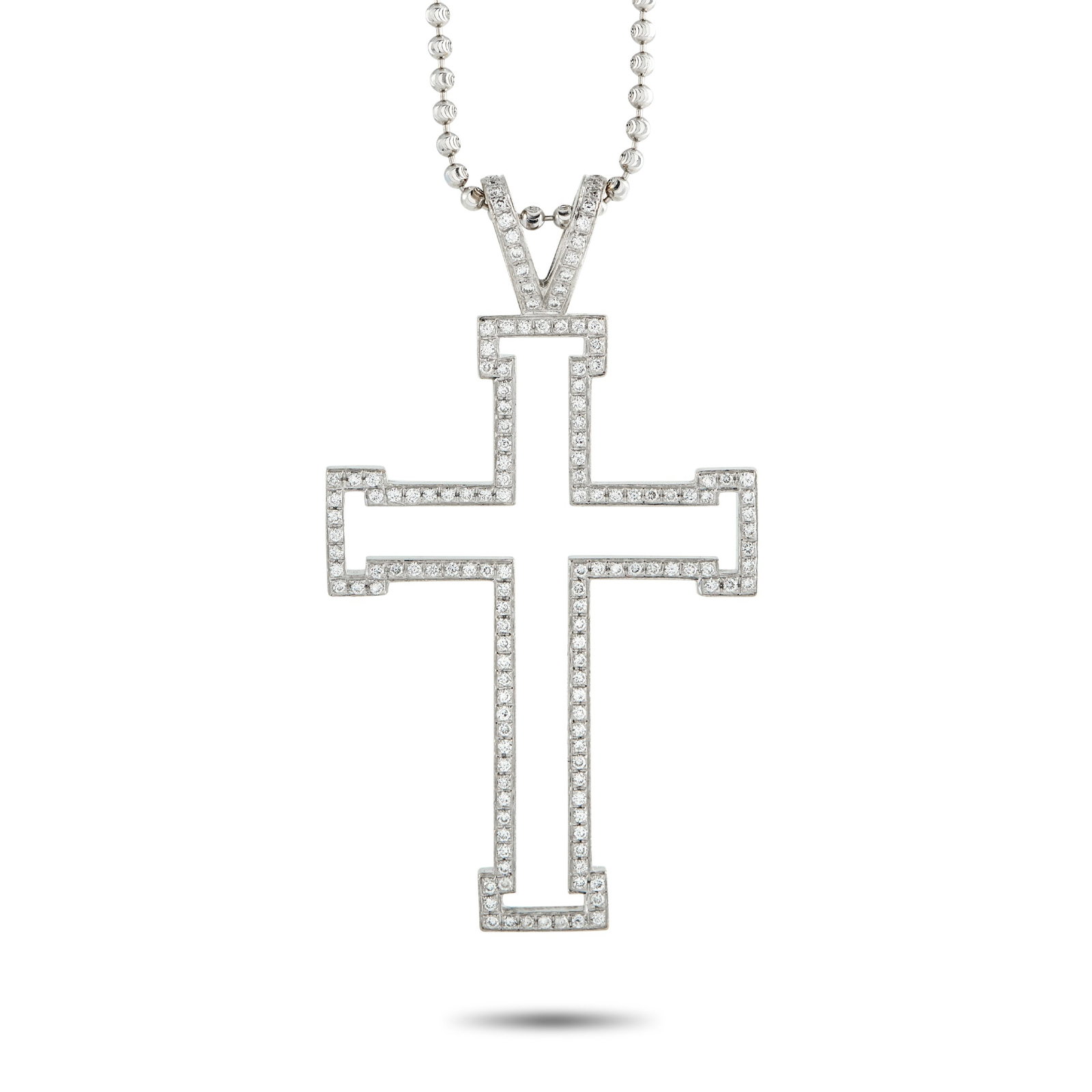 Theo Fennell 18K White Gold 1.0ct Diamond Cross Pendant: This Theo Fennell necklace offers a bold take on a classic accessory. Crafted from 18K White Gold, and cross pendant measuring 2.35” long by 1.30” wide makes a statement at the center of a