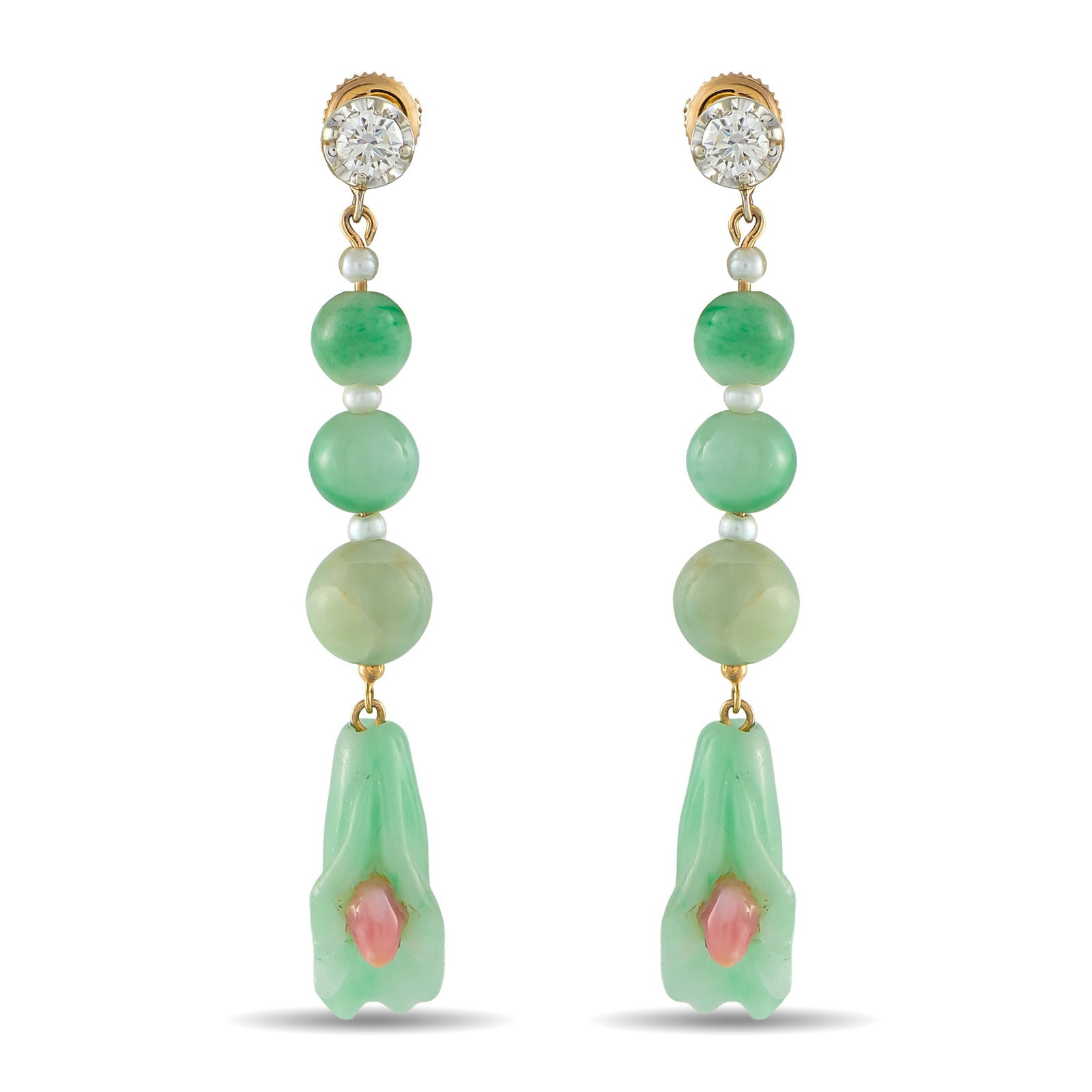 0.50ct Diamond, Conch Pearl, and Jade Earrings: These elegant earrings will add color, texture, and movement to any ensemble. Jade gemstones and Conch Pearls offer a stylish pop of color, while Diamond accents totaling 0.50 carats provide subtle sp