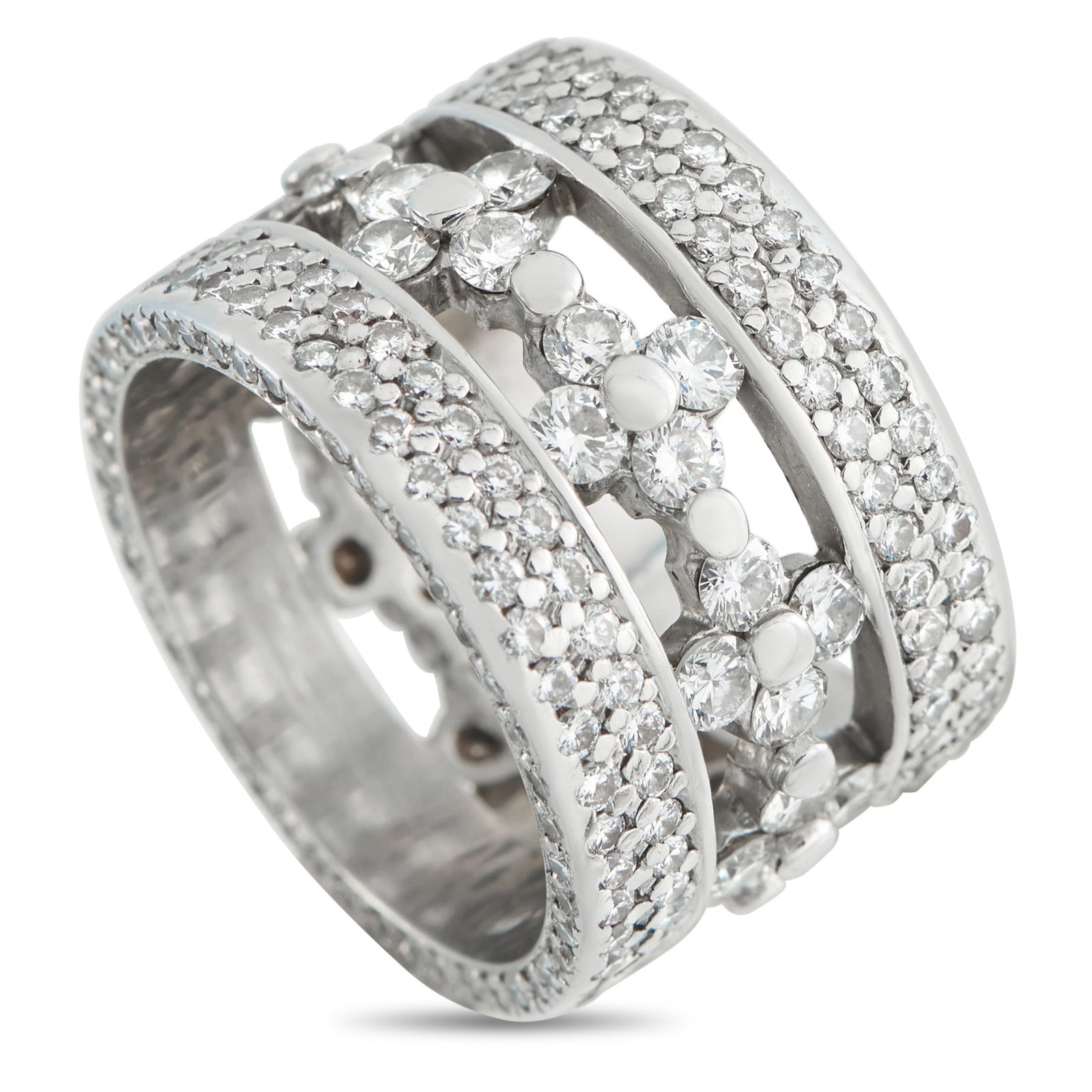 18K White Gold 4.33ct Diamond Eternity Band: Negative space at the center of the design makes this eternity band ring incredibly opulent. Crafted from 18K White Gold, the detailed setting is elevated by a dazzling array of Diamonds totaling