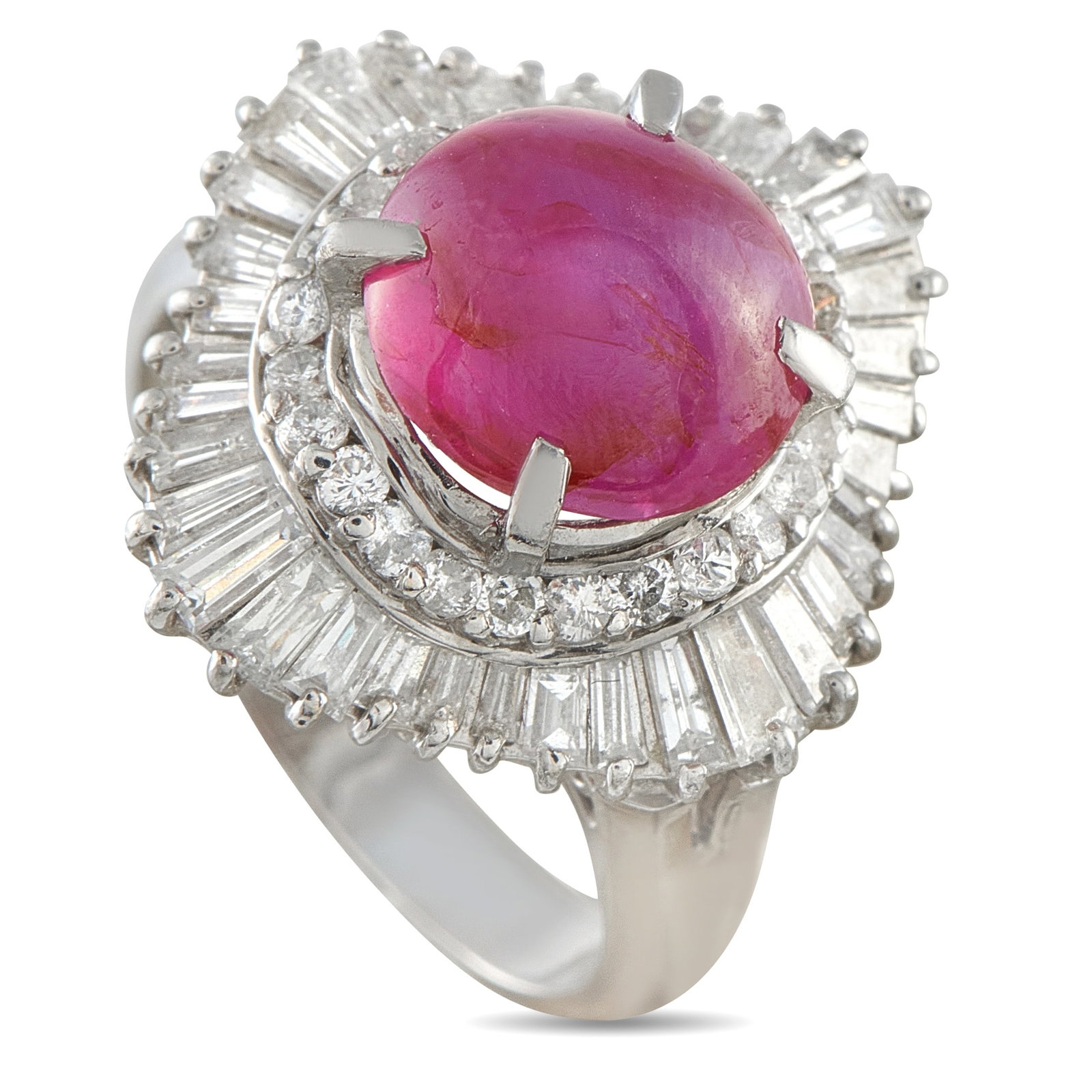 Platinum 1.40ct Diamond and Ruby Ballerina Ring: Soft and sharp, this ring presents its vintage beauty through a dramatic outer tier of tapered baguette diamonds. Arranged in a ballerina-style halo, the baguettes radiate into a crisp diamond-shaped