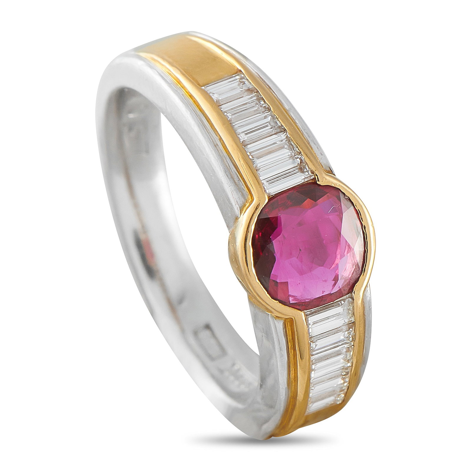 Platinum and 18K Yellow Gold 0.37ct Diamond and Ruby Ring: Distinct enough for milestone jewelry, but practical enough to wear daily without hesitation. This piece carries a 0.78 carat ruby that sits flush within a yellow gold surround, keeping the surface sm