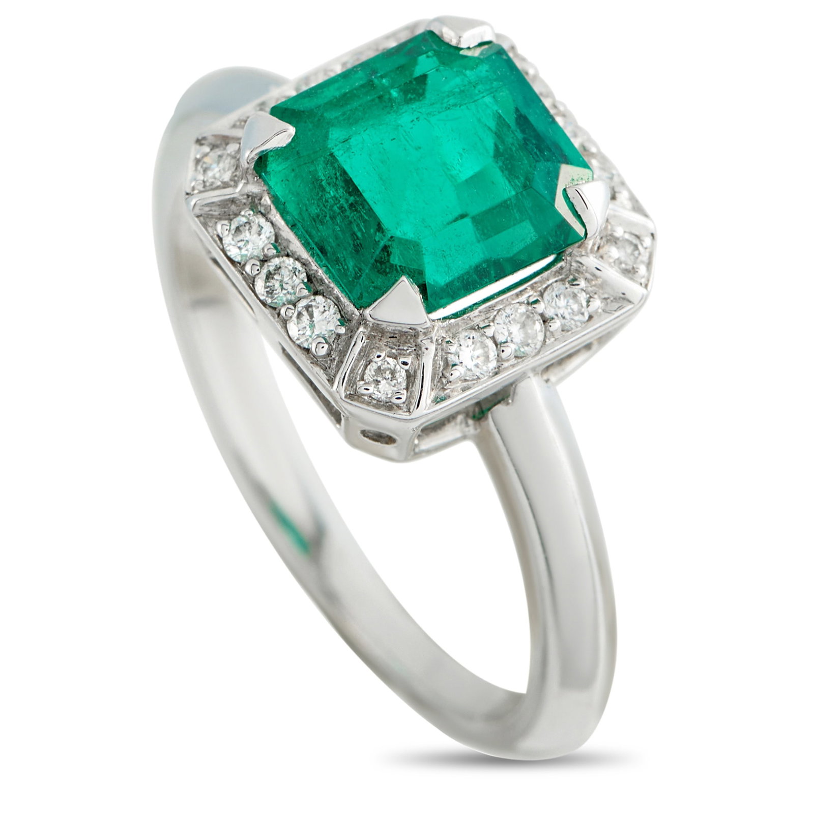 Platinum 0.30ct Diamond and Emerald Ring: A 2.07 carat Colombian Emerald makes a statement at the center of this exquisite ring. The classically elegant design is further elevated by sparkling Diamonds with a total weight of 0.30 carats. Craf