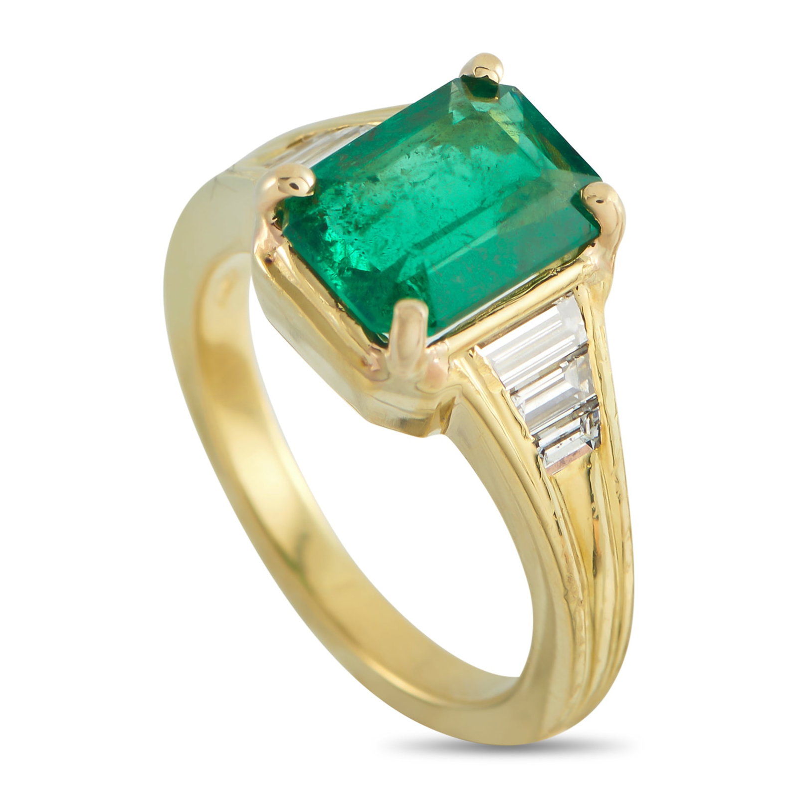 18K Yellow Gold 0.45ct Diamond and Emerald Ring: This luxury ring offers clean lines and a classic sense of sophistication. A 1.95 carat Emerald makes a statement at the center, while Diamonds totaling 0.45 carats add a touch of traditional sparkle.