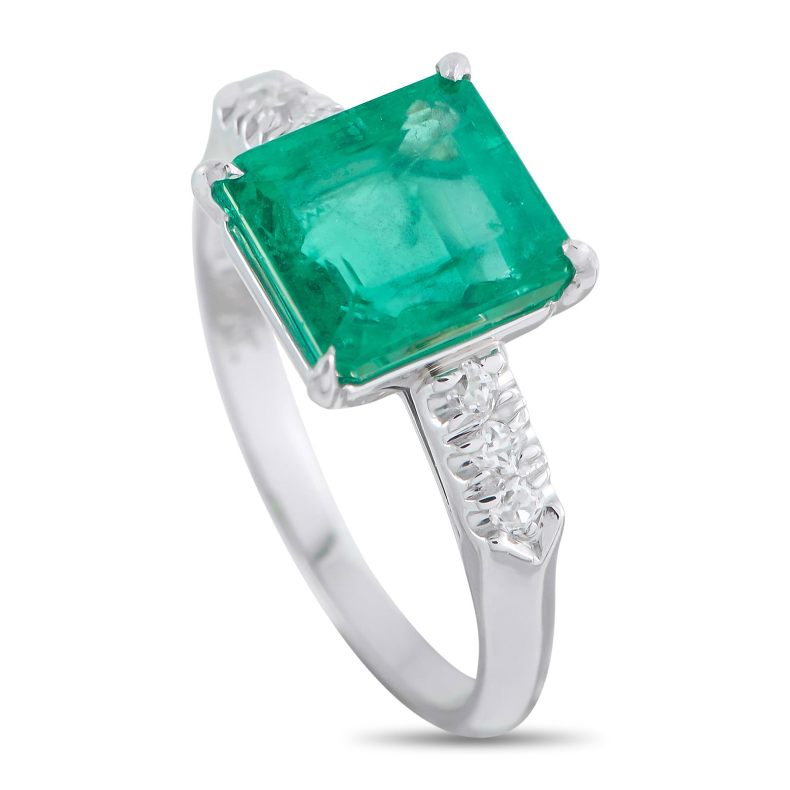 Platinum Diamond and 2.39ct Emerald Ring: Add a stylish pop of color to any ensemble with this simple, elegant ring. The understated Platinum comes to life thanks to sparkling Diamond accents. At the center, a 2.39 carat Emerald serves as a s