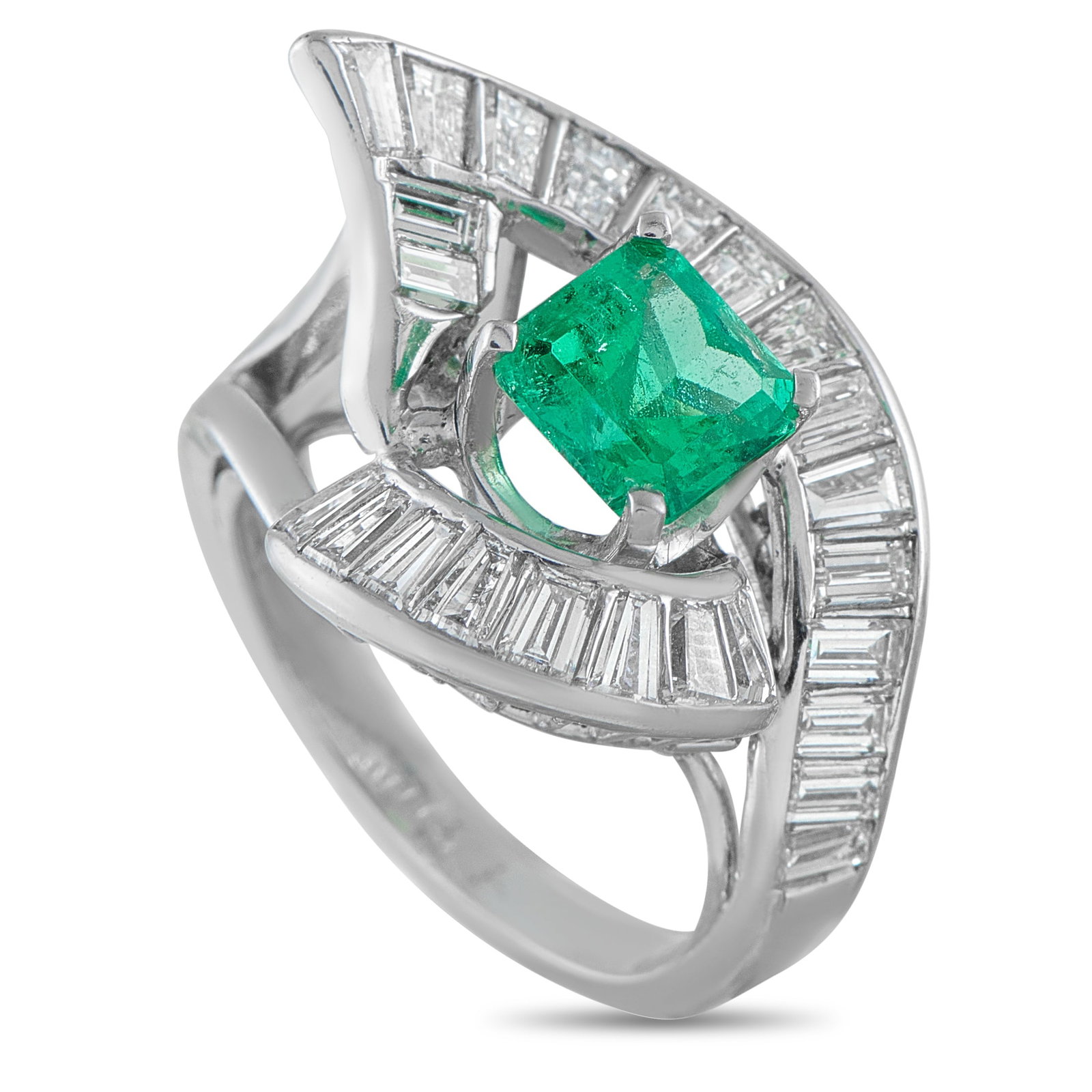 18K White Gold 2.0ct Diamond and Emerald Ring: A dramatic 18K White Gold setting makes this luxury ring delightfully unexpected. Full of light and full of movement, Diamonds totaling 2.0 carats highlight this piece’s intricate details. A 1.75 ca
