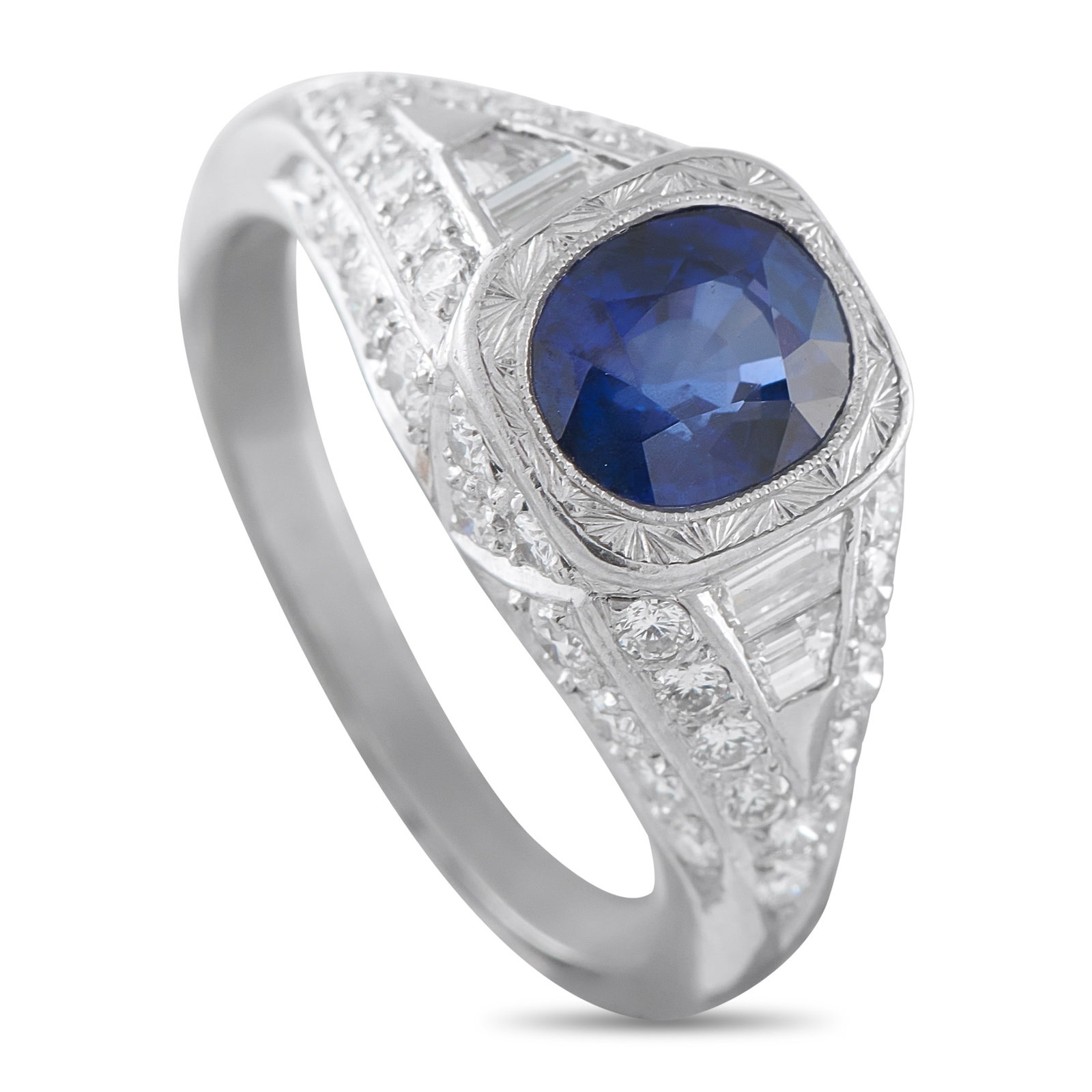Platinum 0.62ct Diamond and Sapphire Ring: This luxury ring exudes classic elegance. The detailed Platinum setting sparkles from every angle thanks to inset Diamonds with a total weight of 0.62 carats. At the center, a 2.25 carat Sapphire adds