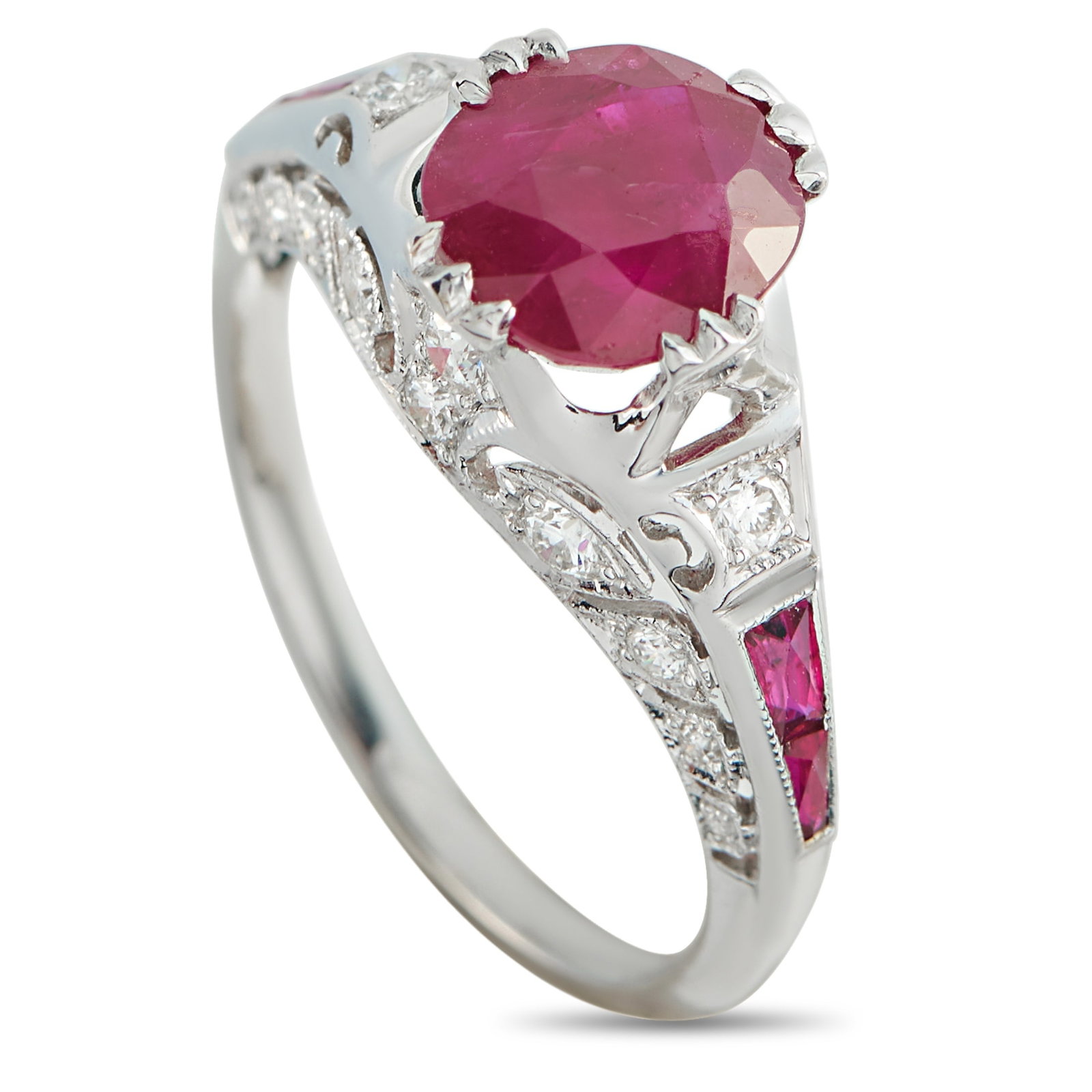 18K White Gold 0.18ct Diamond and Ruby Ring: This luxury ring is full of exquisite details. A 1.50 carat Ruby makes a statement at the center, while additional Ruby accents totaling 0.20 carats add an additional pop of color. Diamonds with a tot