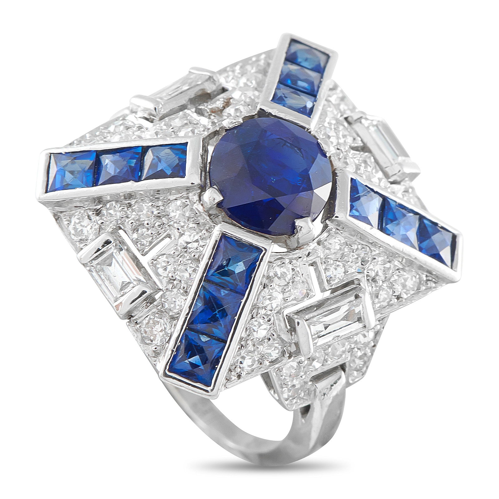 Platinum 1.50ct Diamond and Sapphire Ring: This luxury ring is incredibly dynamic in design. A 1.85 carat sapphire makes a statement at the center and is elegantly offset by additional sapphires with a total weight of 1.70 carats. Round