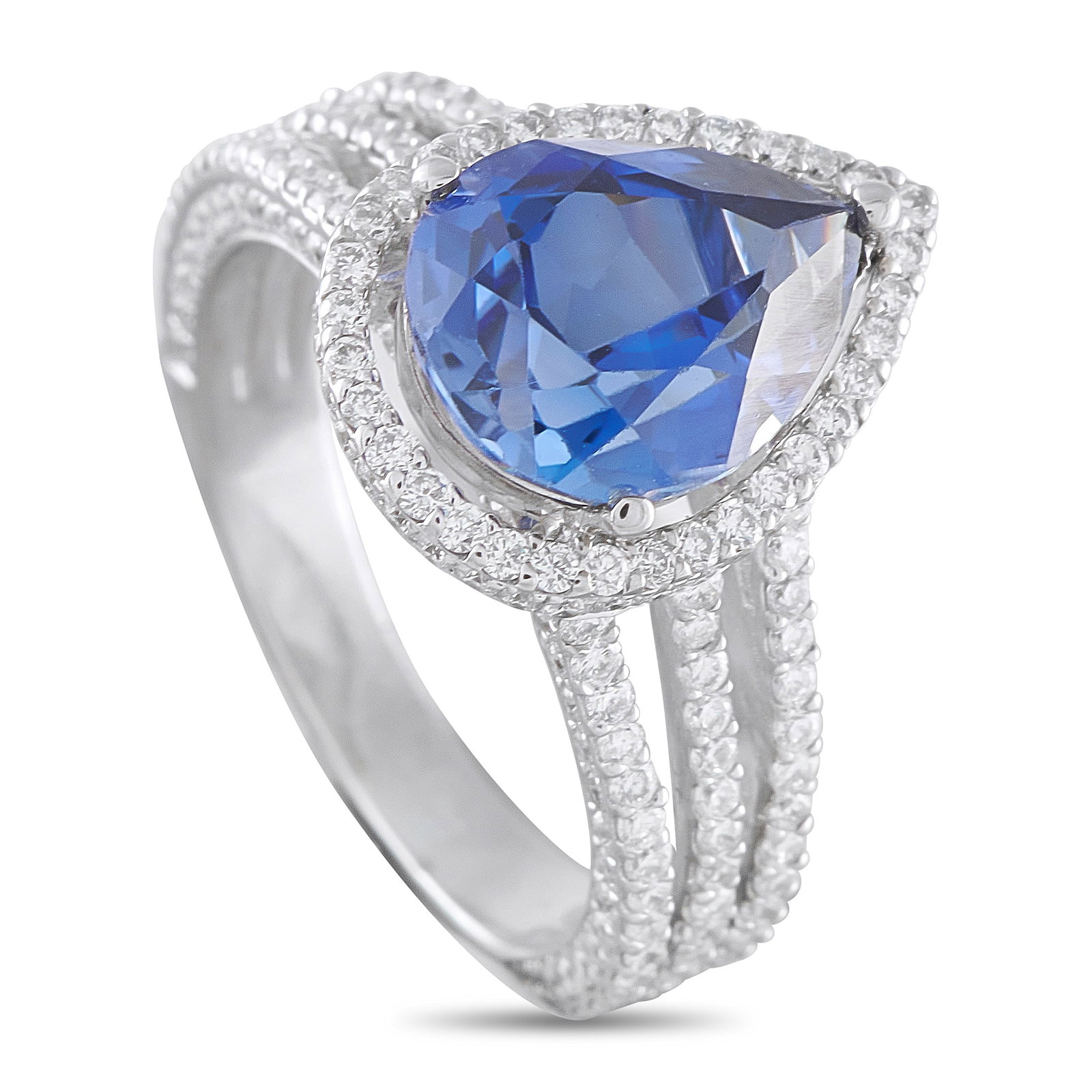 Platinum 1.0ct Diamond and Sapphire Ring: A pear-shaped 3.38 carat Sapphire center stone serves as a stunning focal point on this impressive luxury ring. Dazzling Diamonds with a total weight of 1.0 carats surround the center stone and