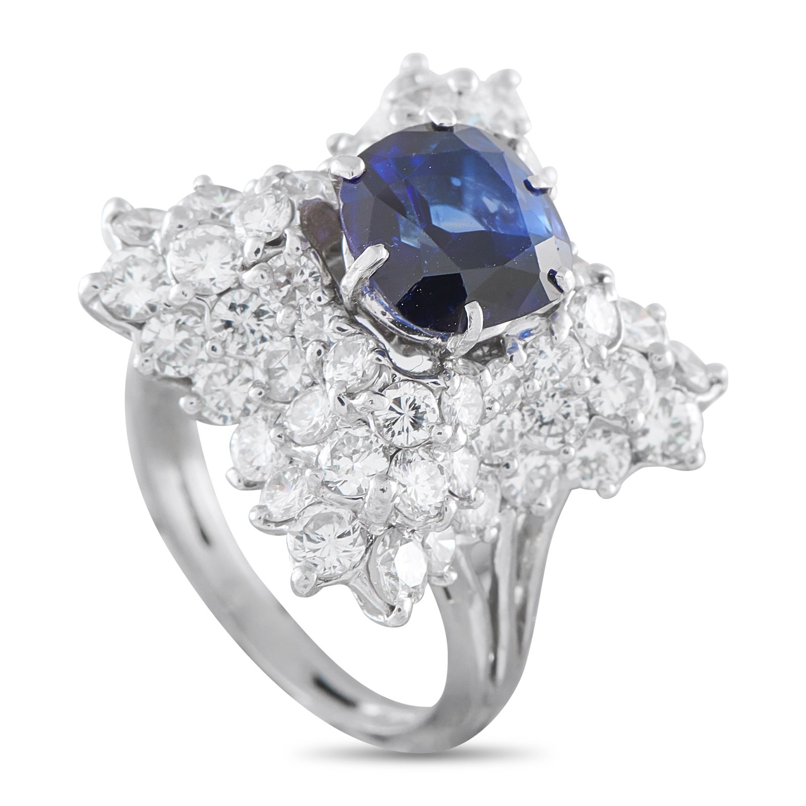 Platinum 2.10ct Diamond and Sapphire Ring: Diamonds with a total weight of 2.10 carats allow this luxury ring to effortlessly catch the light. Set in Platinum, the bold design beautifully showcases this piece’s stunning 2.0 carat Sapphire