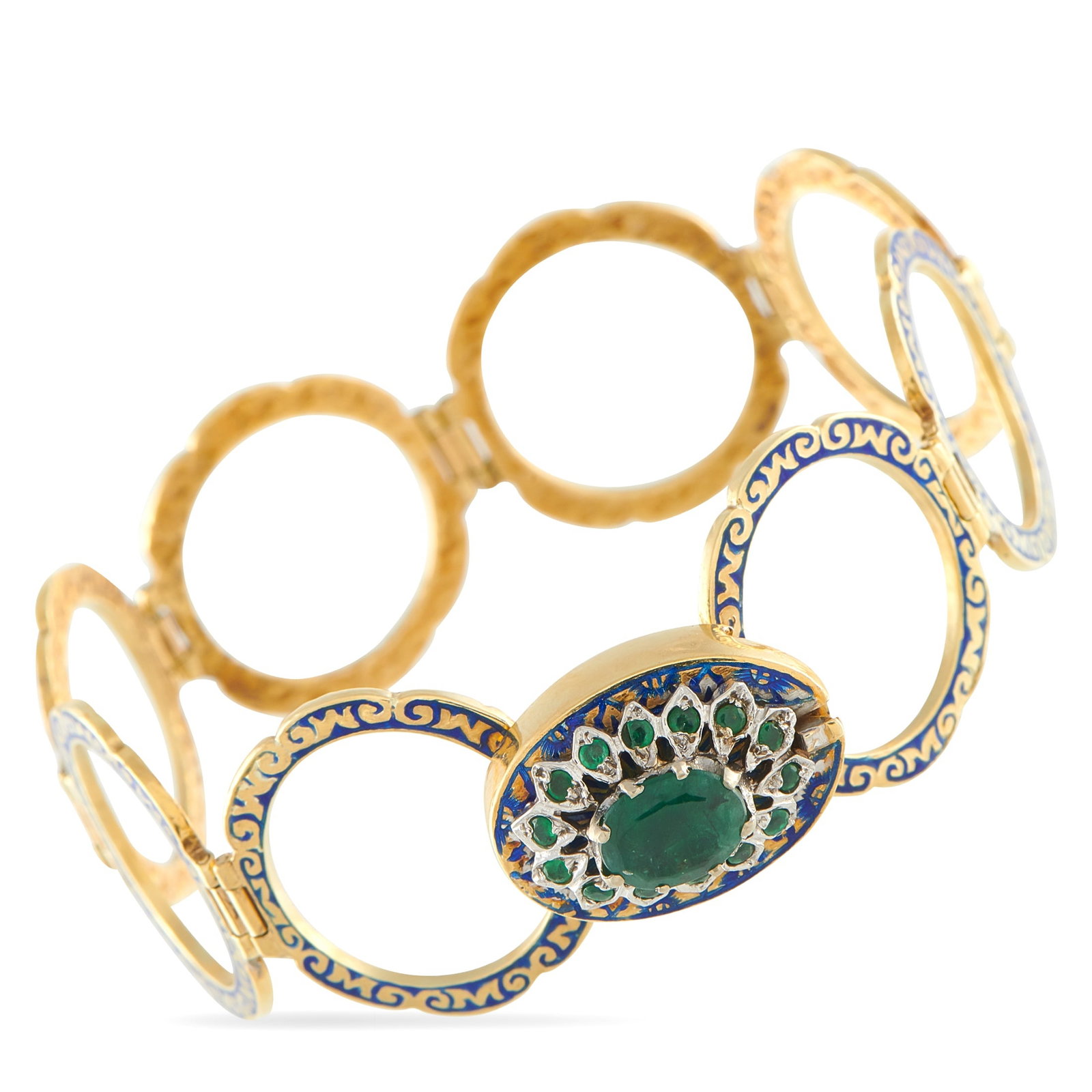 14K Yellow Gold Emerald and Enamel Bracelet: This captivating bracelet is filled with contemporary elegance. At the center of a series of circular links, an opulent clasp comes to life thanks to vibrant Emerald accents. This piece is crafted fro