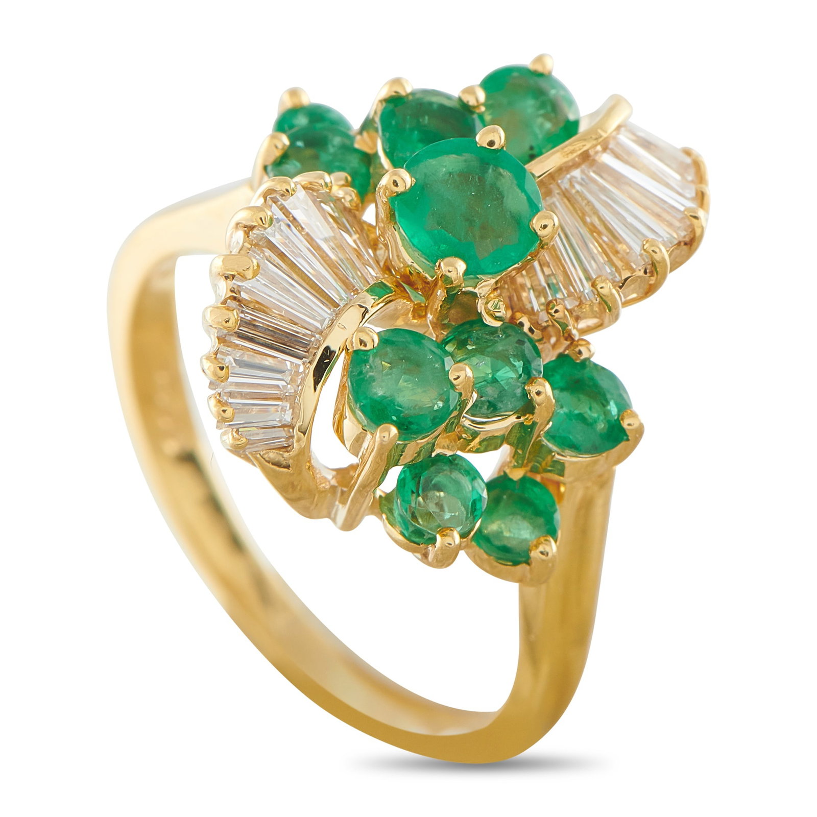 18K Yellow Gold 0.90ct Diamond and Emerald Ring: This luxury ring is stylish and statement-making. Emeralds with a total weight of 1.50 carats add a vibrant pop of color to the center of the design, while Diamond accents totaling 0.90 carats offer