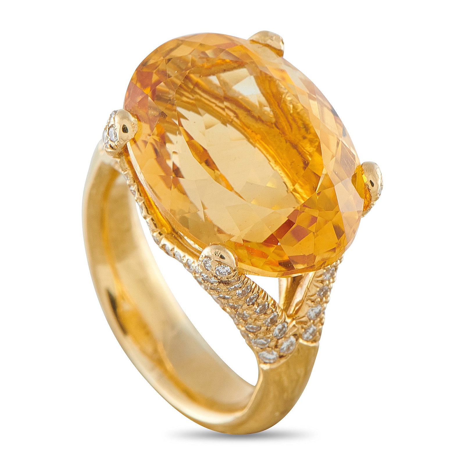 18K Yellow Gold 1.25ct Diamond and Citrine Ring: A delicate 18K Yellow Gold setting makes this luxury ring a work of art. At the center, a breathtaking Citrine gemstone serves as a stunning focal point. Diamonds with a total weight of 1.25 carats ad