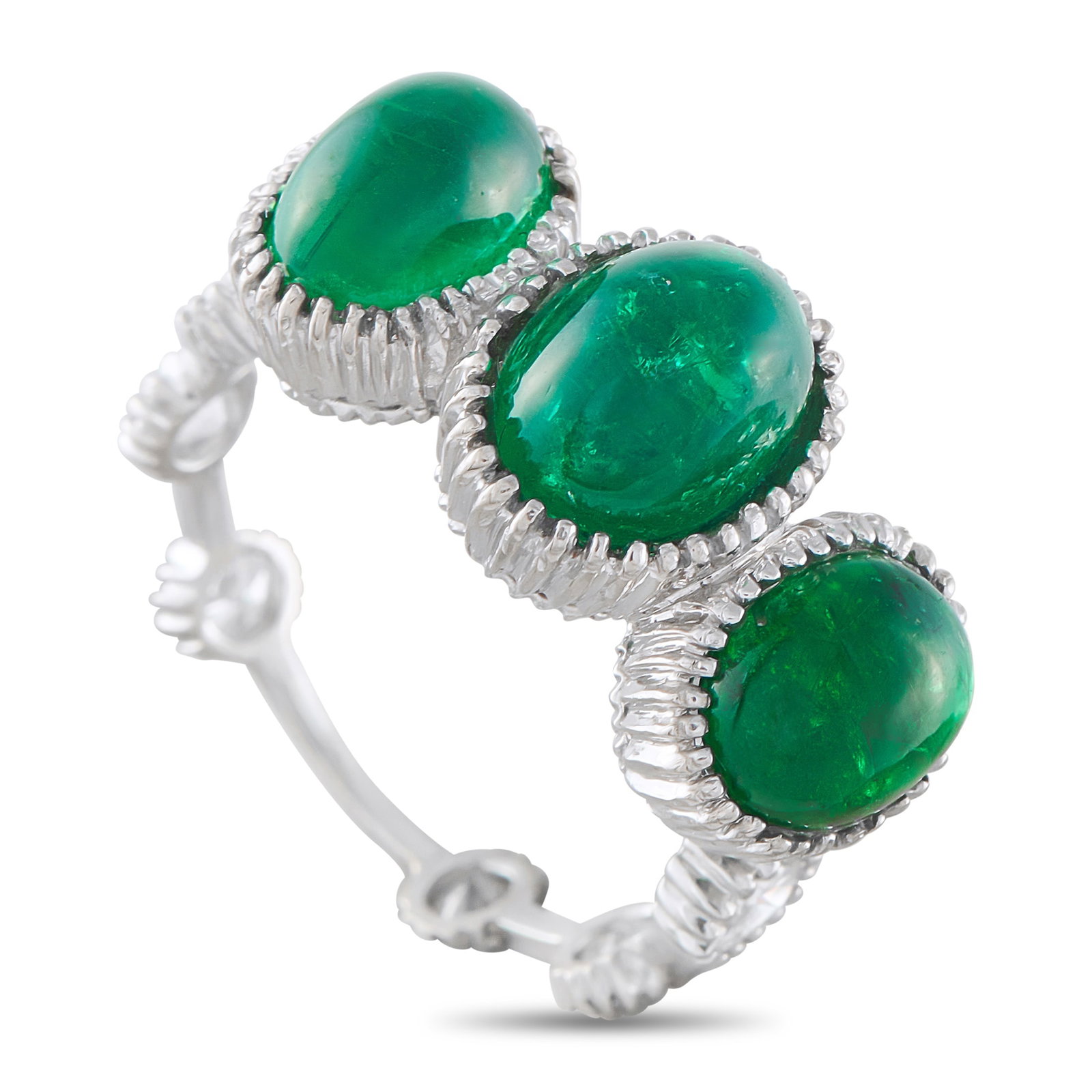 18K White Gold 1.0ct Diamond and Emerald Ring: A series of Emerald cabochons with a total weight of 6.0 carats makes this luxury ring incredibly eye-catching. The unique 18K White Gold setting is further elevated by Diamonds totaling 1.0 carats, w