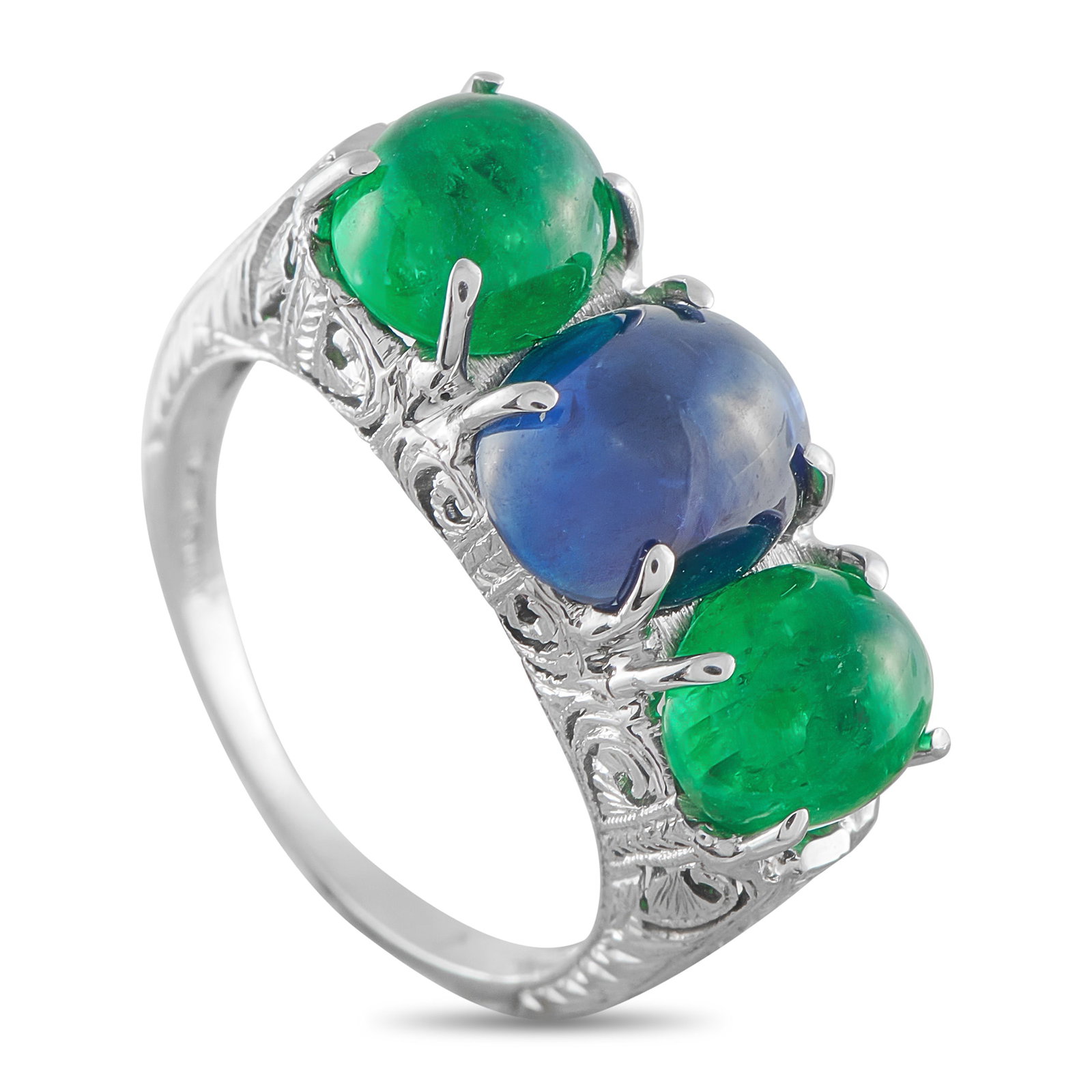 Platinum 1.90ct Sapphire and Emerald Ring: A detailed Platinum setting makes this ring exquisite from any angle. At the top of the design, a 1.90 carat Sapphire cabochon is perfectly paired with Emerald cabochons with a total weight of 2.50 ca