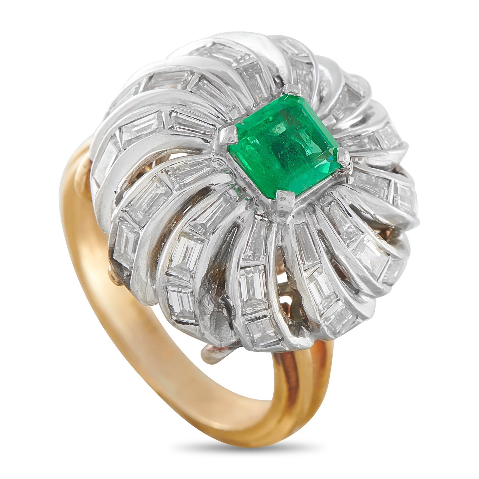 Platinum and 14K Yellow Gold 1.85ct Diamond and Emerald Ring: This luxury ring beautifully combines colors, textures, and materials. Crafted from a combination of Platinum and 14K Yellow Gold, sparkling Diamonds totaling 1.85 carats elevate the dramatic design. 