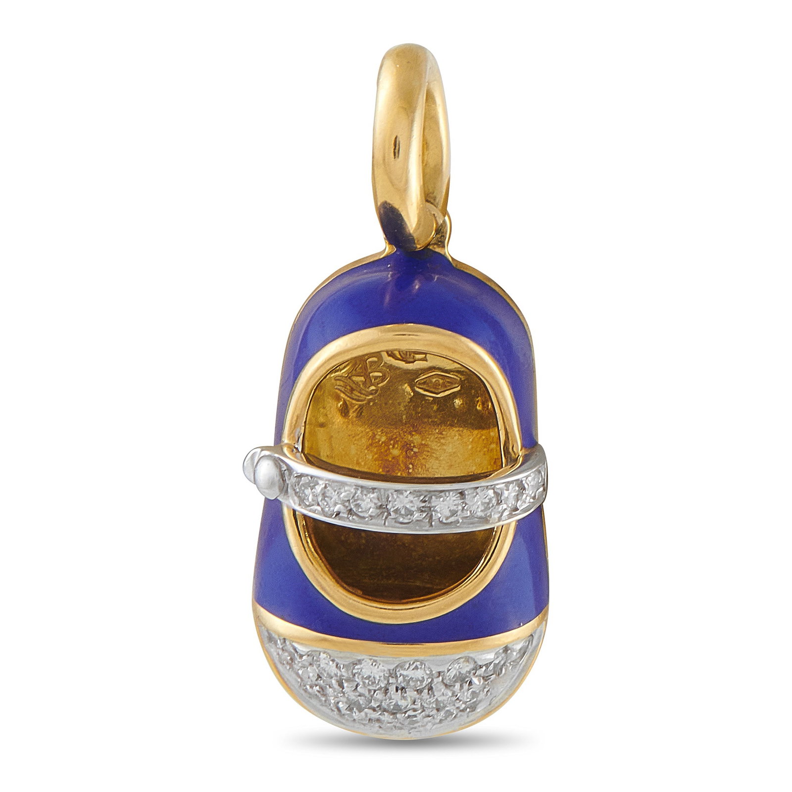 Aaron Basha Baby Shoe 18K Yellow Gold Diamond and Enamel Mary-Jane Charm: This Aaron Basha Baby Shoe charm is simply adorable. Shaped like a Mary-Jane style shoe, dark blue enamel contrasts beautifully against the opulent 18K Yellow Gold. Diamond accents at the strap and th