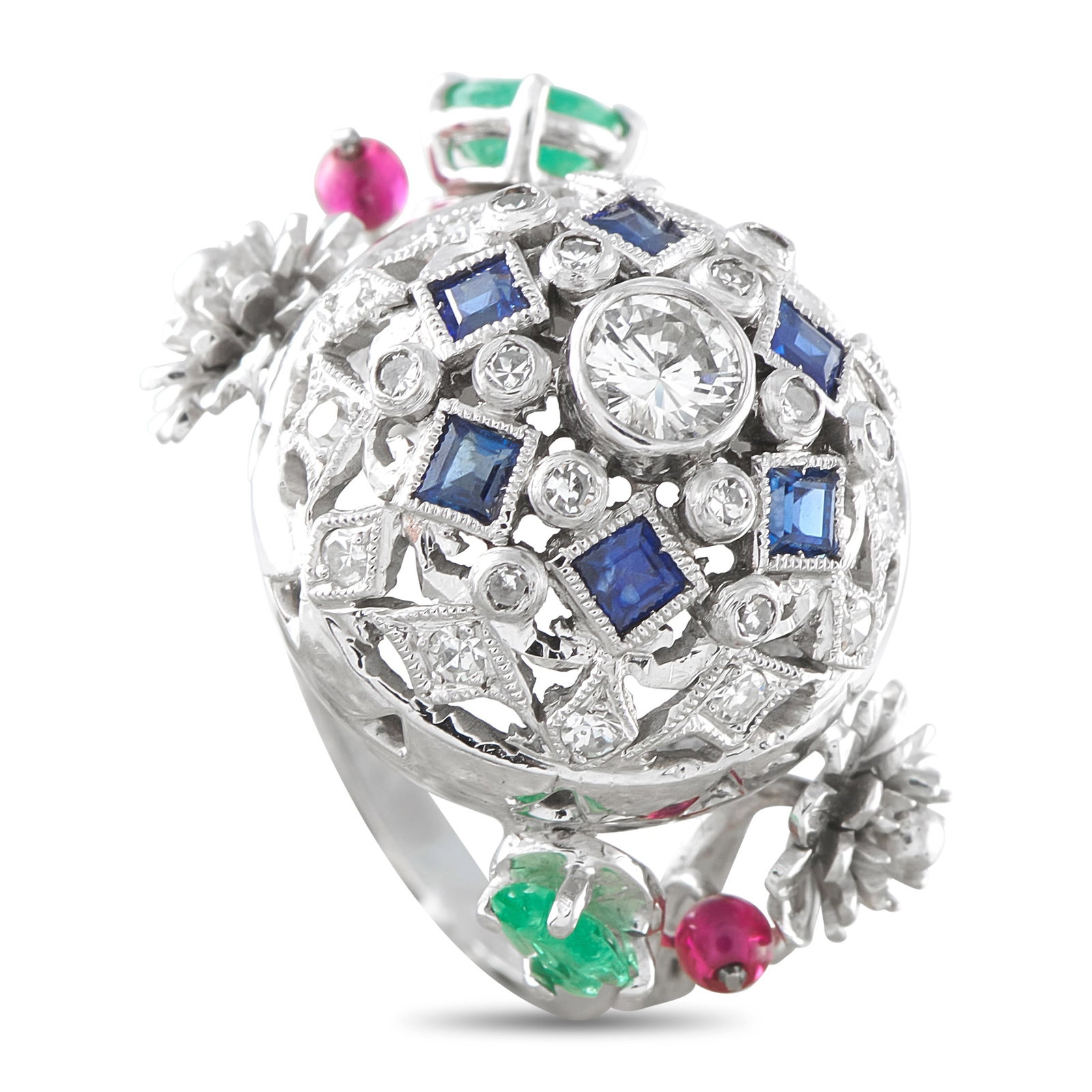 14K White Gold 0.45ct Diamond, Ruby, Sapphire, and Emerald Ring: A unique design makes this ring an ideal piece for anyone who appreciates uncommon elegance. The domed 14K White Gold setting is elevated by sparkling Diamonds totaling 0.45 carats and Sapphire accent