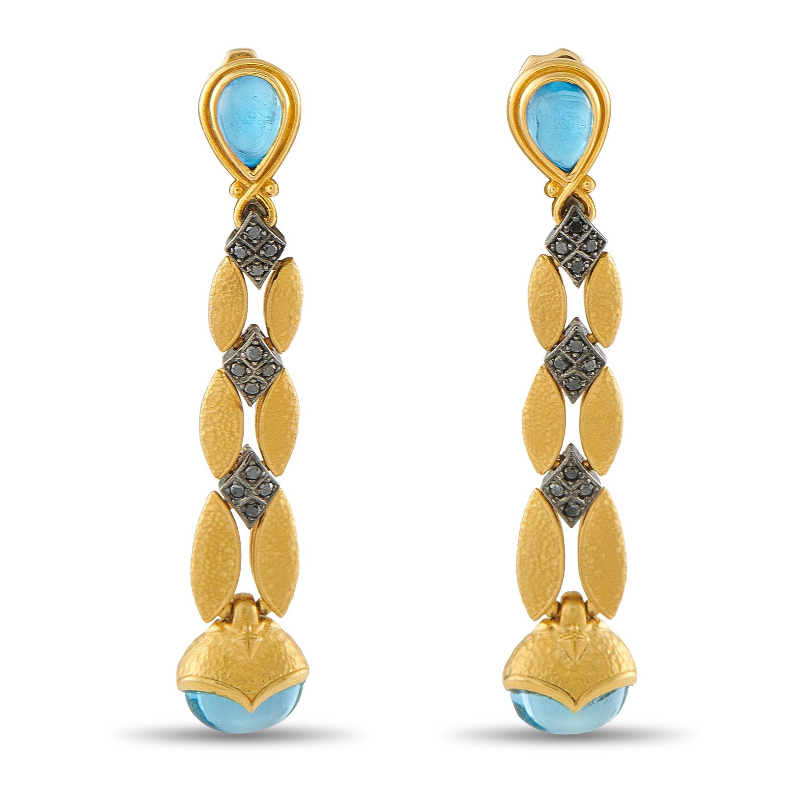 Konstantino Callas 18K Yellow Gold Black Diamond and Topaz Earrings: These exquisite Konstantino Callas earrings will add elegance to every movement. Hammered 18K Yellow Gold adds texture and dimension to the dramatic design, while vibrant blue Topaz stones and Black D