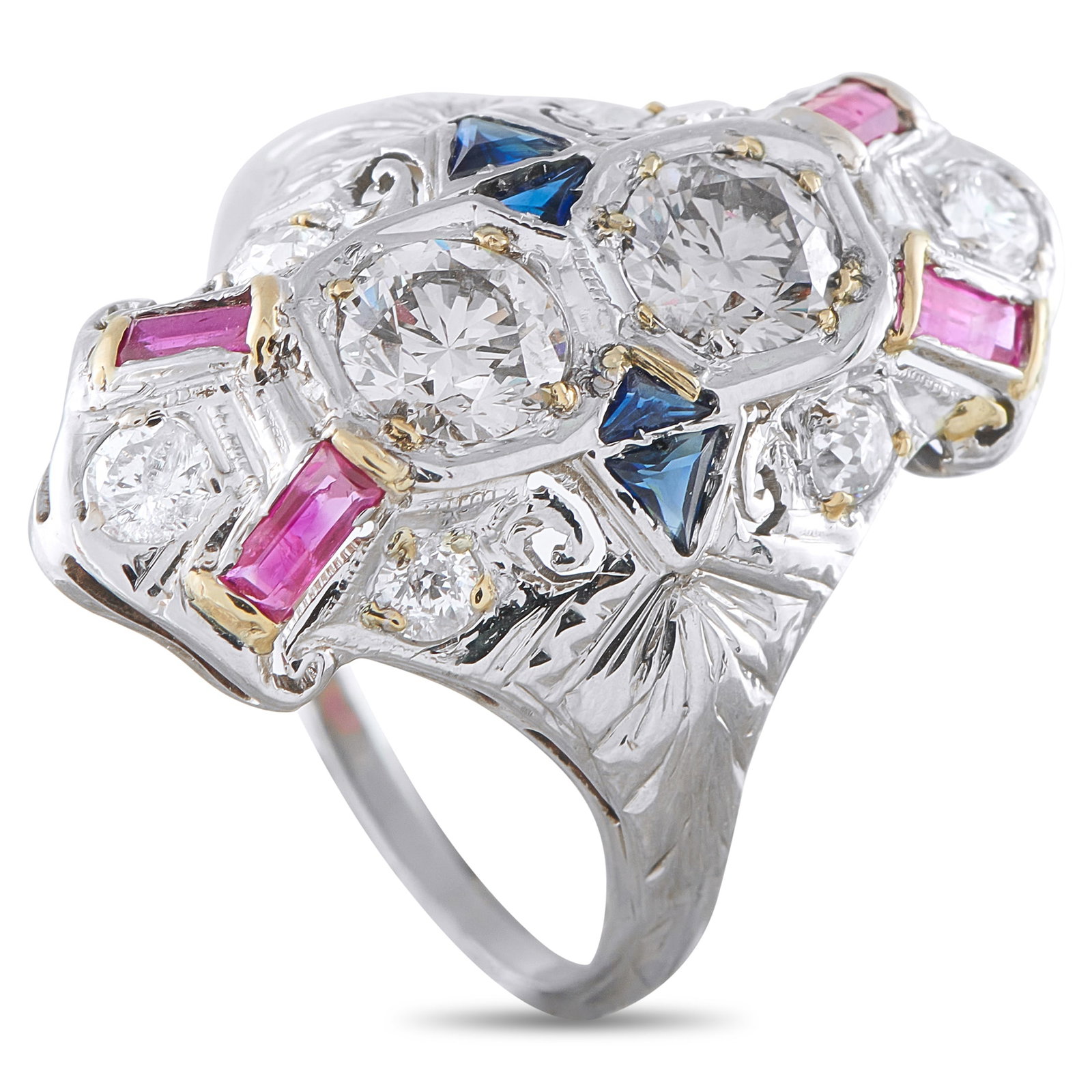 18K White Gold 1.68ct Diamond Ring: A stunning symmetrical design makes this luxury ring impossible to ignore. Diamond center stones with a total weight of 1.20 carats make a statement at the center of this dramatic piece. Additional Di