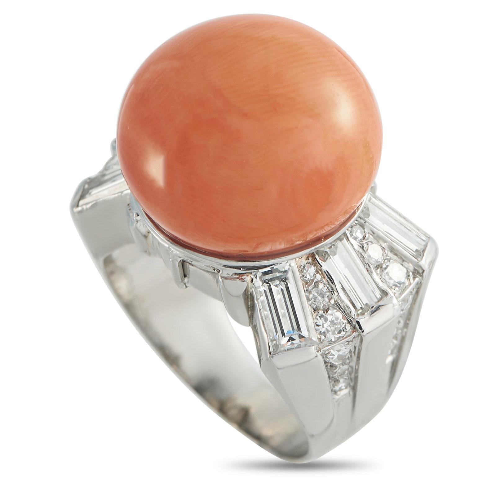 18K White Gold 1.38ct Diamond and Coral Ring: This spectacular luxury ring will instantly add a pop of color to any ensemble. The contemporary design comes to life thanks to an eye-catching Coral center stone. Diamonds with a total weight of 1.38