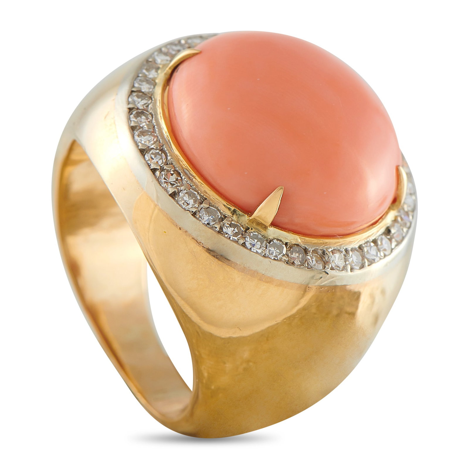 14K Yellow Gold 0.75ct Diamond and Coral Ring: A chic, contemporary design makes this ring an instant classic. The sleek 14K Yellow Gold setting beautifully complements this piece’s statement-making Coral center stone. A halo of Diamonds with a 