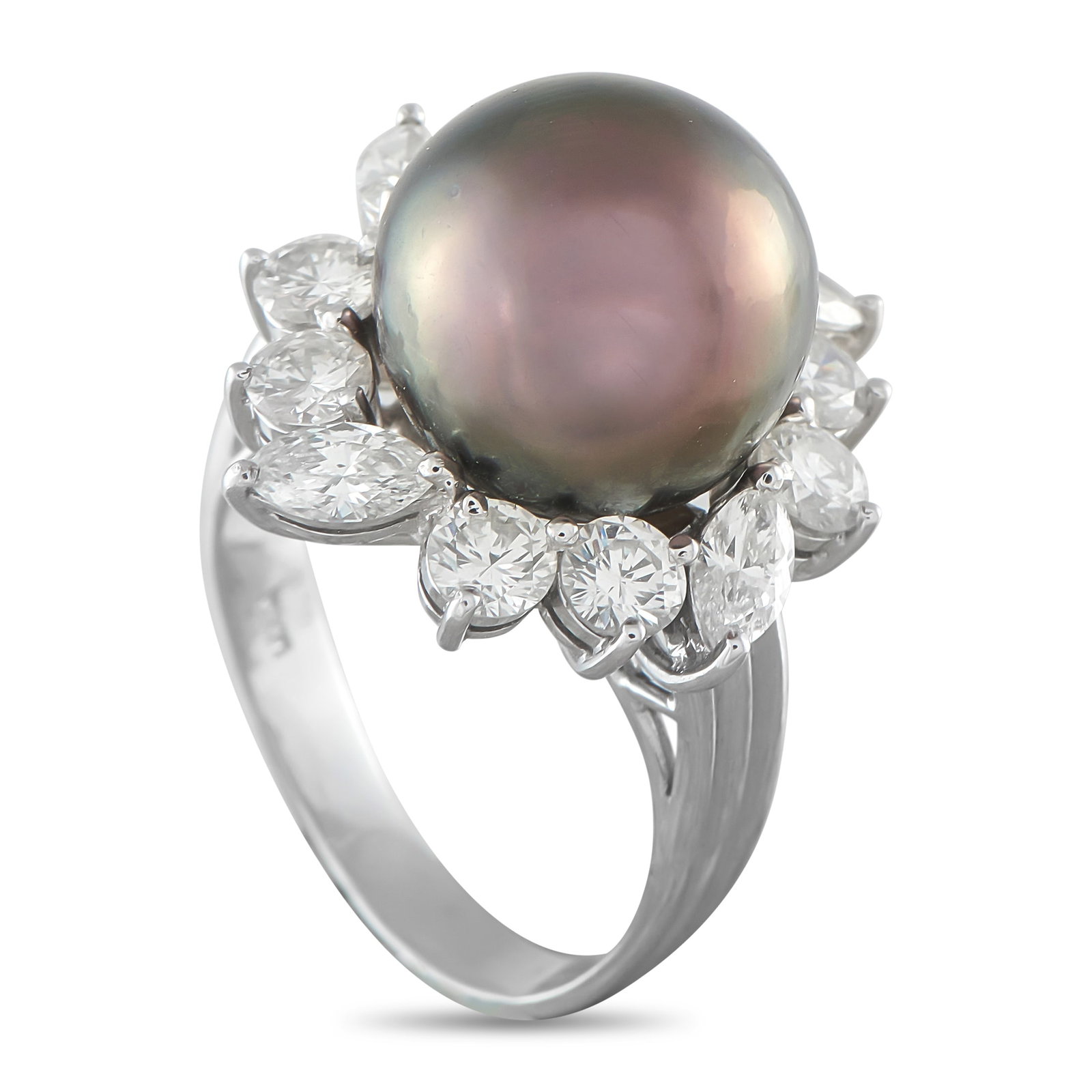 Platinum 1.80ct Diamond and Pearl Ring: This luxury ring will add color, texture, and dimension to any ensemble. A dark 12.5mm Pearl center stone makes it an instantly captivating piece, while sparkling Diamond accents totaling 1.80 carats 