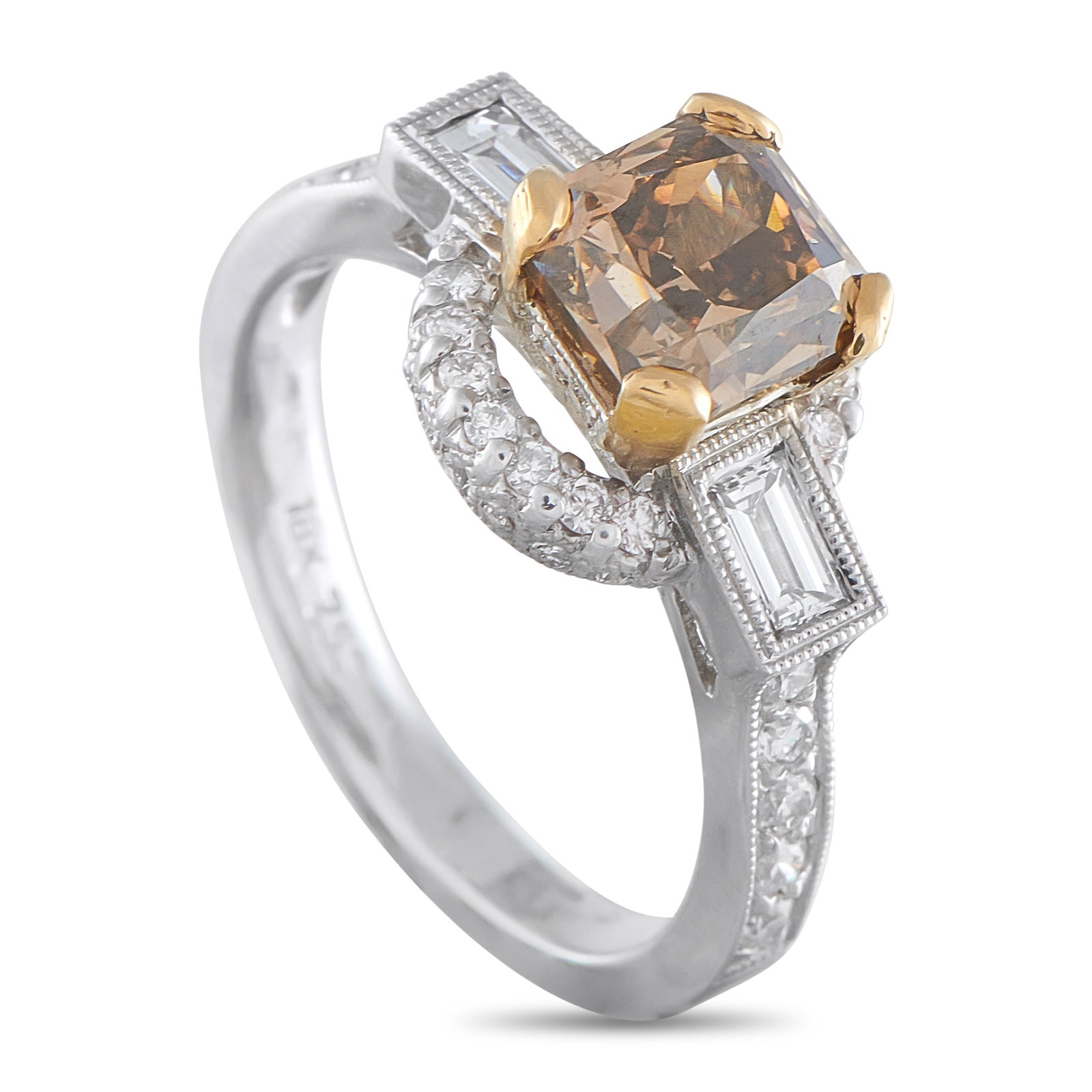 18K White Gold 2.20ct Diamond Ring: This ring will add a touch of old fashioned elegance to any ensemble. At the center of the simple 18K White Gold setting, a warm 1.70 carat Diamond center stone offers a subtle pop of color. Additiona
