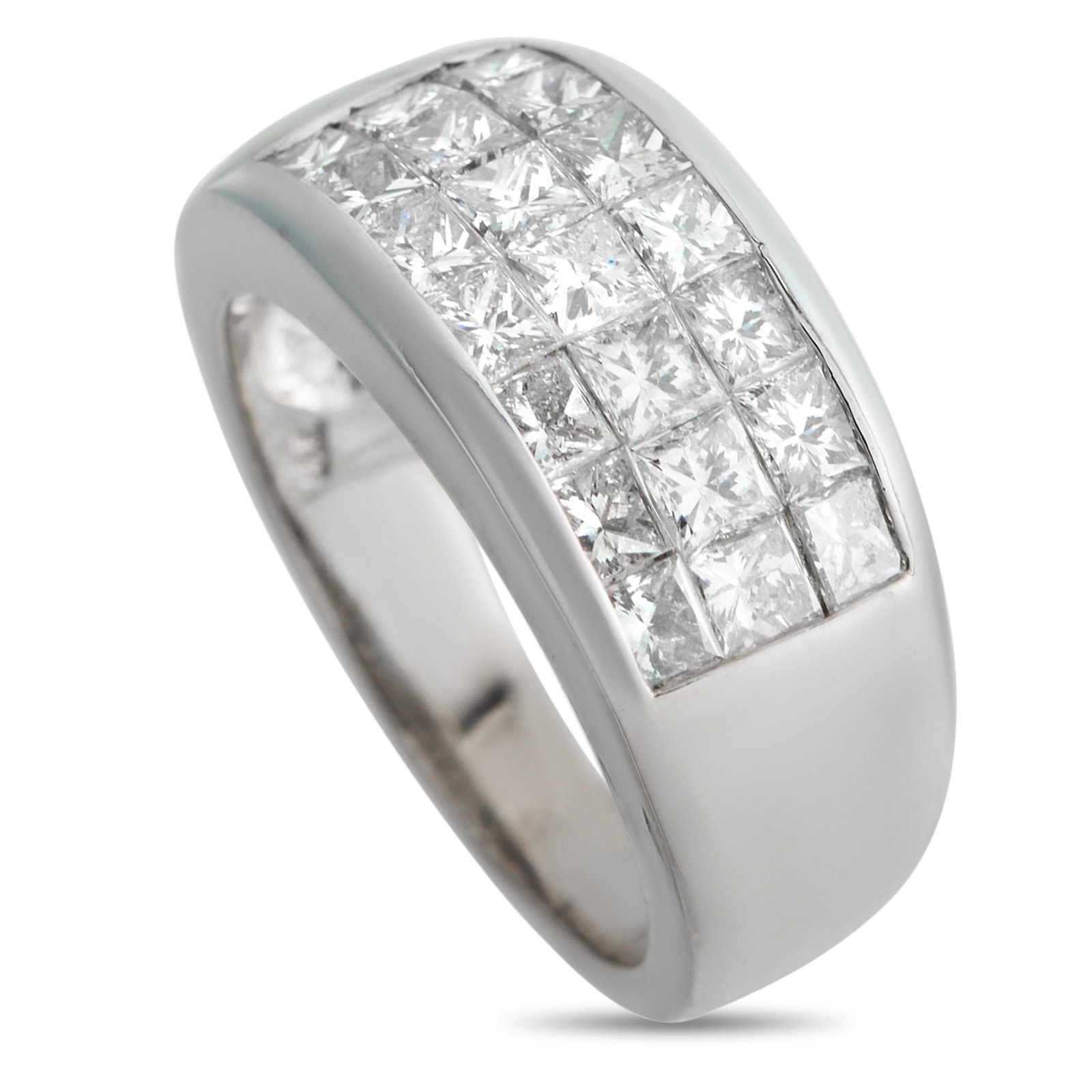 18K White Gold 2.50ct Diamond Ring: This luxury ring is bold and incredibly impactful. At the center of the sleek 18K White Gold setting, invisible set Diamonds totaling 2.50 carats effortlessly catch the light. A 6mm wide band and a