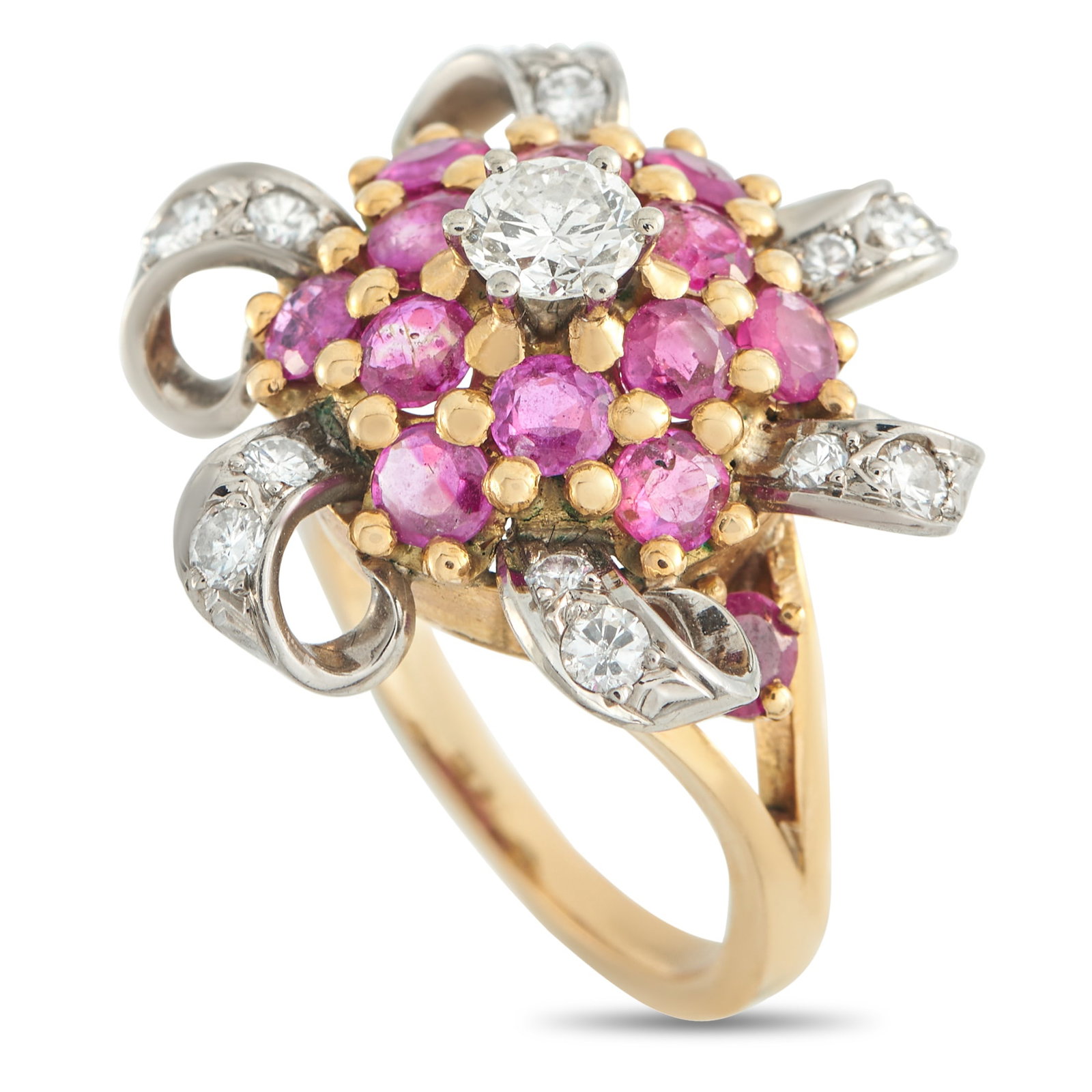 18K Yellow Gold 0.80ct Diamond and Ruby Flower Ring: This luxury ring is an ideal piece for anyone who appreciates uncommon elegance. The whimsical design is elevated by ribbon-like accents around the perimeter and vibrant inset Ruby gemstones.