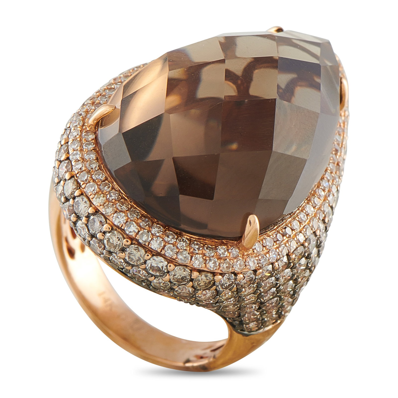 14K Rose Gold 4.18ct Diamond and Smokey Topaz Ring: This radiant ring will continually take your breath away. At the center, a 27.13 carat pear-shaped Smokey Topaz serves as a stunning focal point. Diamonds with a total weight of 4.18 carats surround