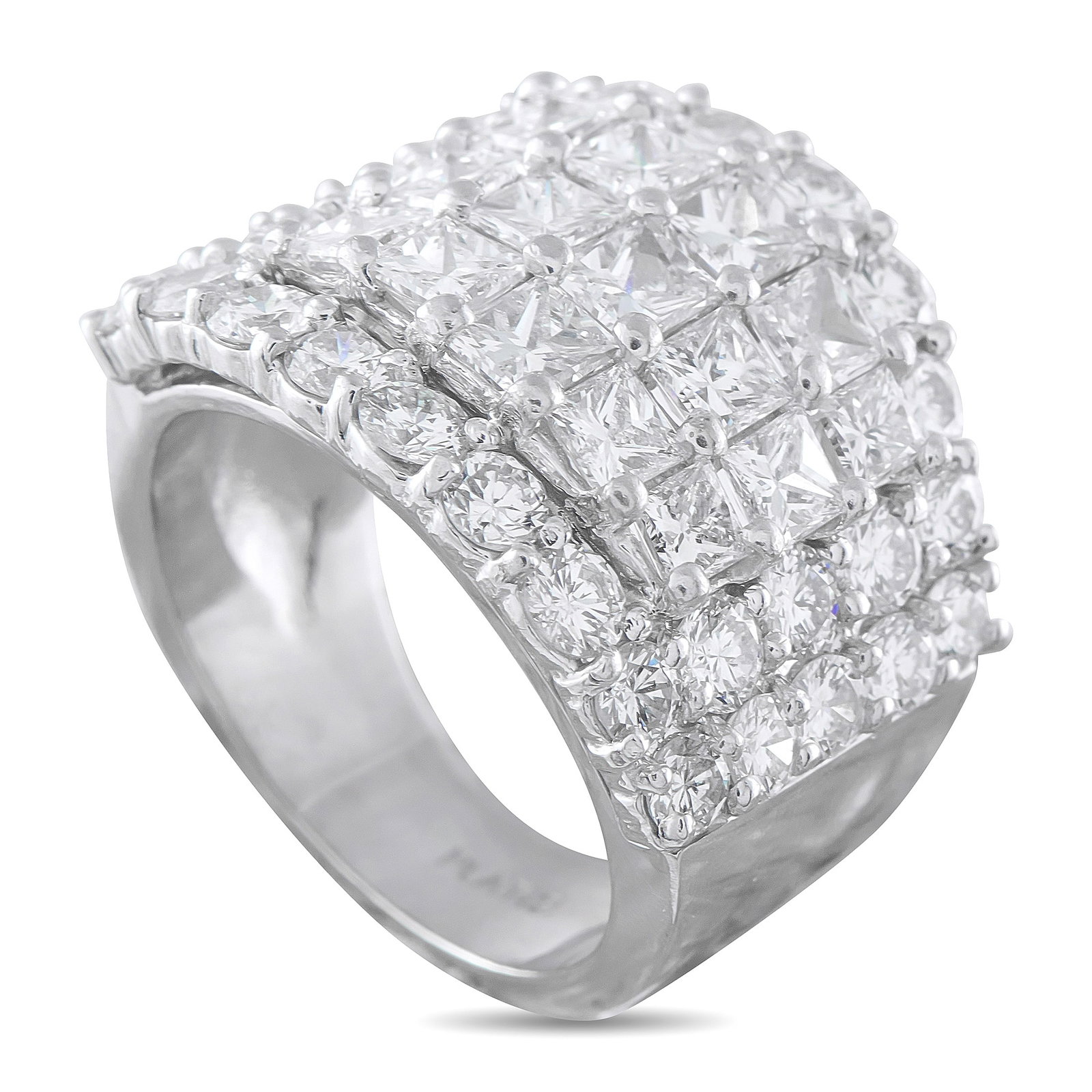 Platinum 4.25ct Diamond Ring: Diamonds with a total weight of 4.25 carats cover the top of this bold luxury ring. Set in Platinum, it features a 5mm wide band and a 5mm top height. This jewelry piece is offered in estate condition