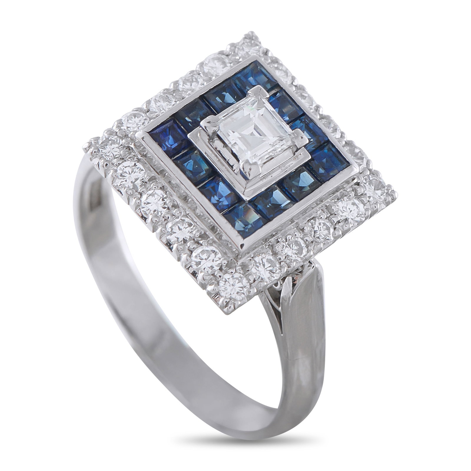 Platinum 0.40ct Diamond and Sapphire Ring: A square Platinum setting makes this radiant ring simply unforgettable. Diamonds with a total weight of 0.40 carats provide plenty of sparkle. Sapphires totaling 0.43 carats make a statement at the ce