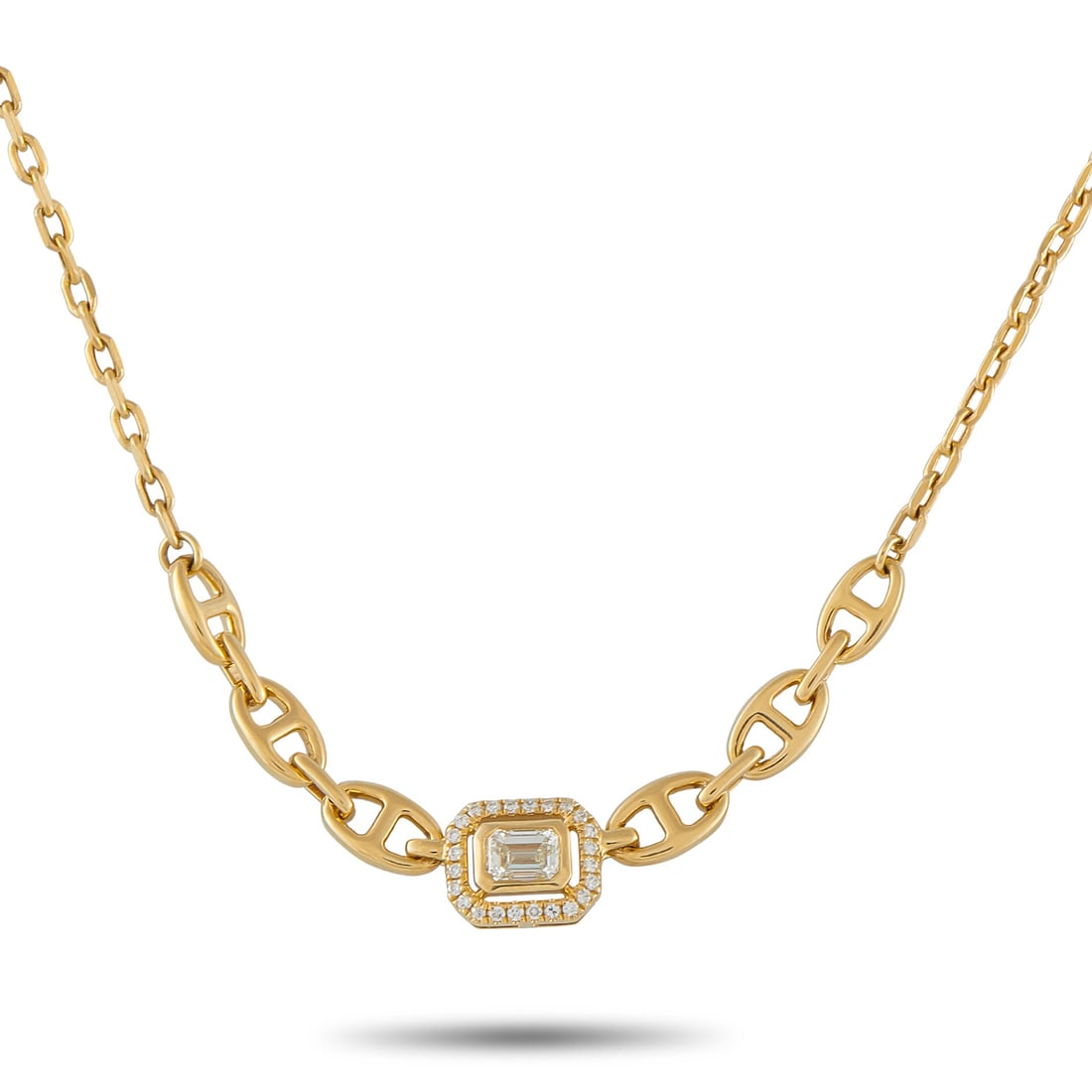 18K Yellow Gold 0.65ct Diamond Necklace: This luxury necklace will effortlessly complement any aesthetic. Anchor chain links highlight the elegant central pendant, which features a 0.50 carat Diamond center stone surrounded by a halo of addi