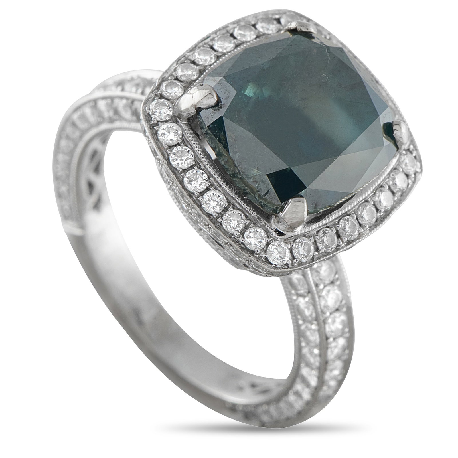 18K White Gold 6.30ct Diamond Ring: A detailed 18K White Gold setting sets the stage for this exquisite luxury ring. Filled with dynamic details, Diamonds totaling 1.20 carats make it breathtaking from virtually every angle. A treated b