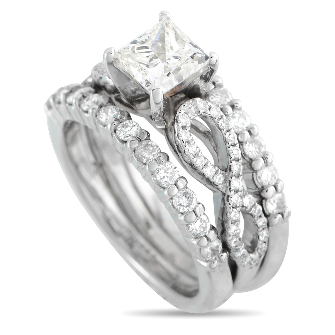 14K White Gold 1.69ct Diamond Ring: Three bands meet to honor a single, central point of view. This semi-wide ring divides intro three slender bands, with the outer bands lined with diamonds in shared prongs. They frame a middle path th