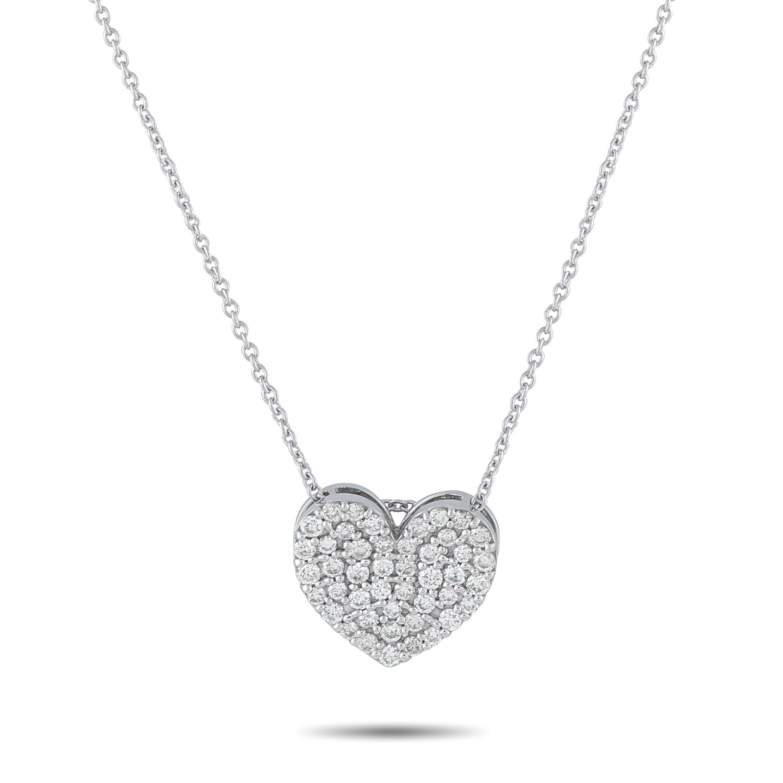 18K White Gold 0.54ct Diamond Heart Necklace: A sparkling heart-shaped pendant makes a statement at the center of this elegant necklace. Set in 18K White Gold, Diamonds totaling 0.54 carats make it simply stunning. The pendant measures 0.50&rdquo