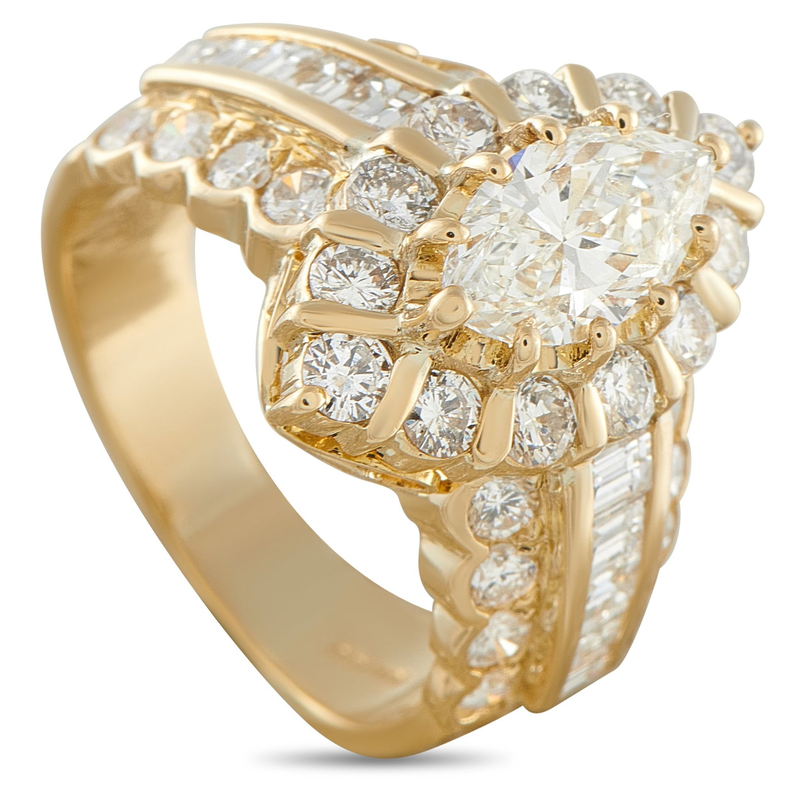18K Yellow Gold 2.88ct Diamond Ring: This classically elegant ring is filled with exquisite details. The bold 18K Yellow Gold setting beautifully showcases the breathtaking 1.02 carat marquise-cut Diamond center stone. Additional Diamond