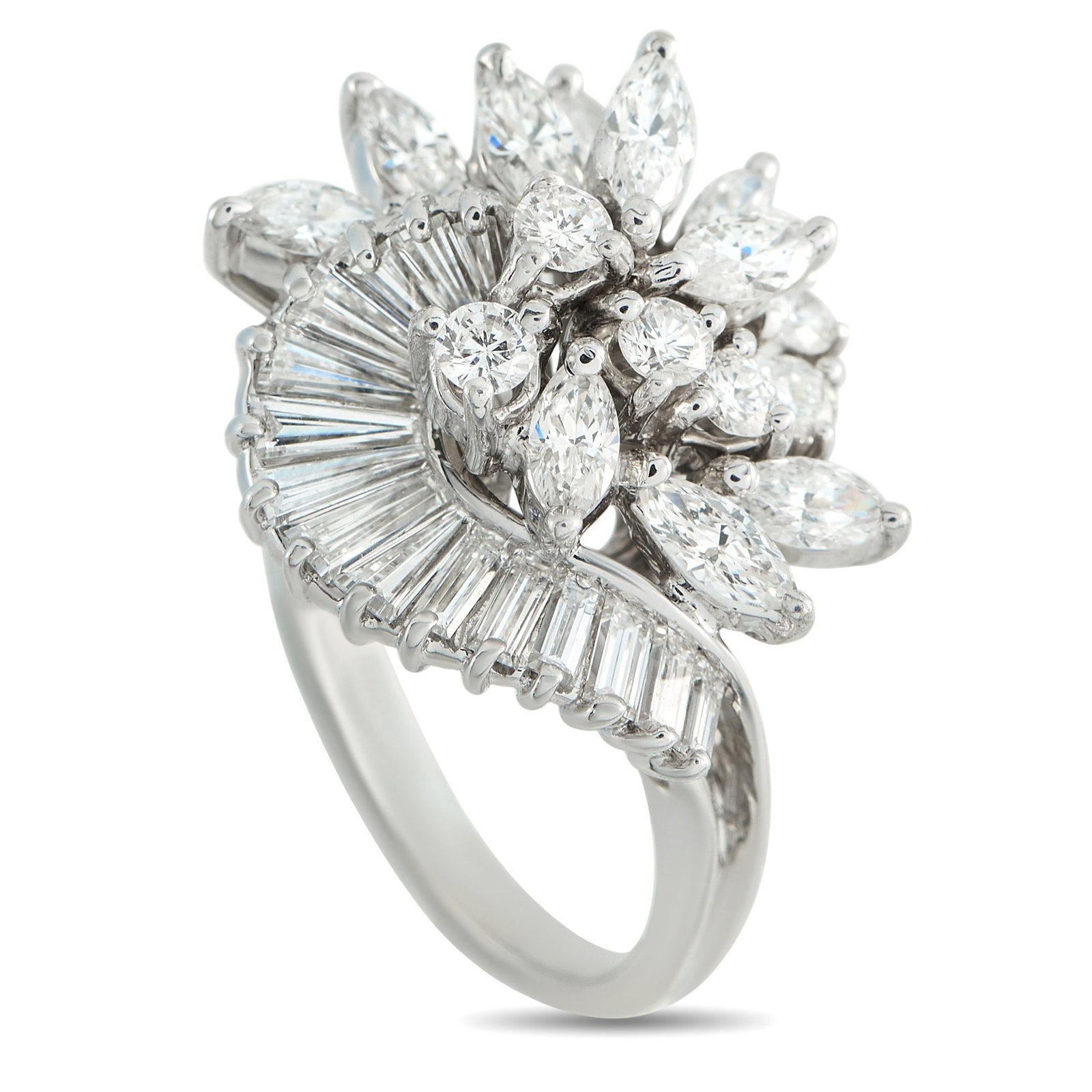 14K White Gold 2.5ct Diamond Ring: Fluidity guides the design of this ring. Instead of a static center, a winding row of baguette diamonds frames a cluster of round and marquise diamonds. This curved line stems from the 2mm white gold 