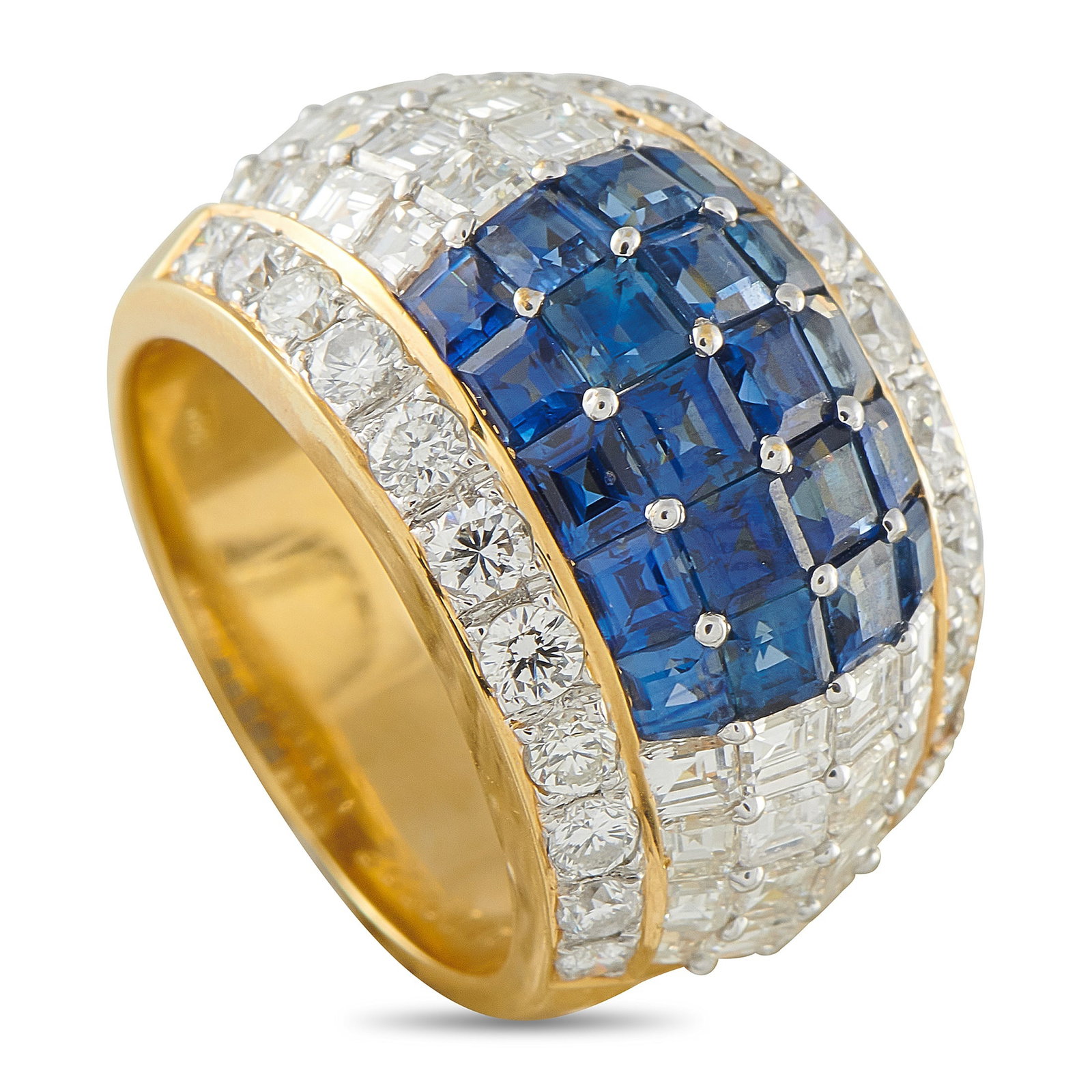 18K Yellow Gold 2.50ct Diamond and Sapphire Ring: This luxury ring will shine brightly every time it catches the light. A dazzling array of Diamonds totaling 2.50 carats surrounds the central cluster of Sapphires, which together possess a total weigh