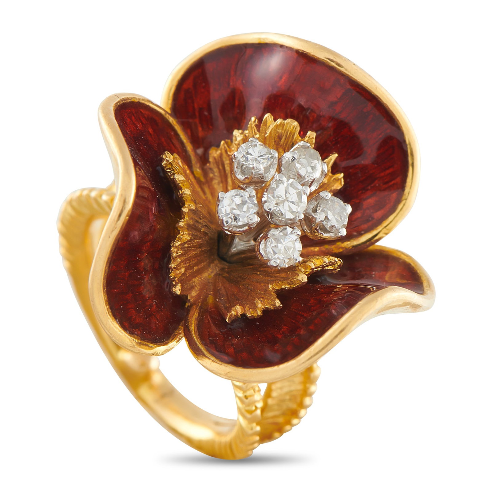 18K Yellow Gold 0.30ct Diamond and Enamel Flower Ring: Add a breathtaking pop of color to any ensemble with this luxury ring. A fabulous floral motif comes to life thanks to captivating Enamel accents. At the center, Diamonds totaling 0.30 carats make it 