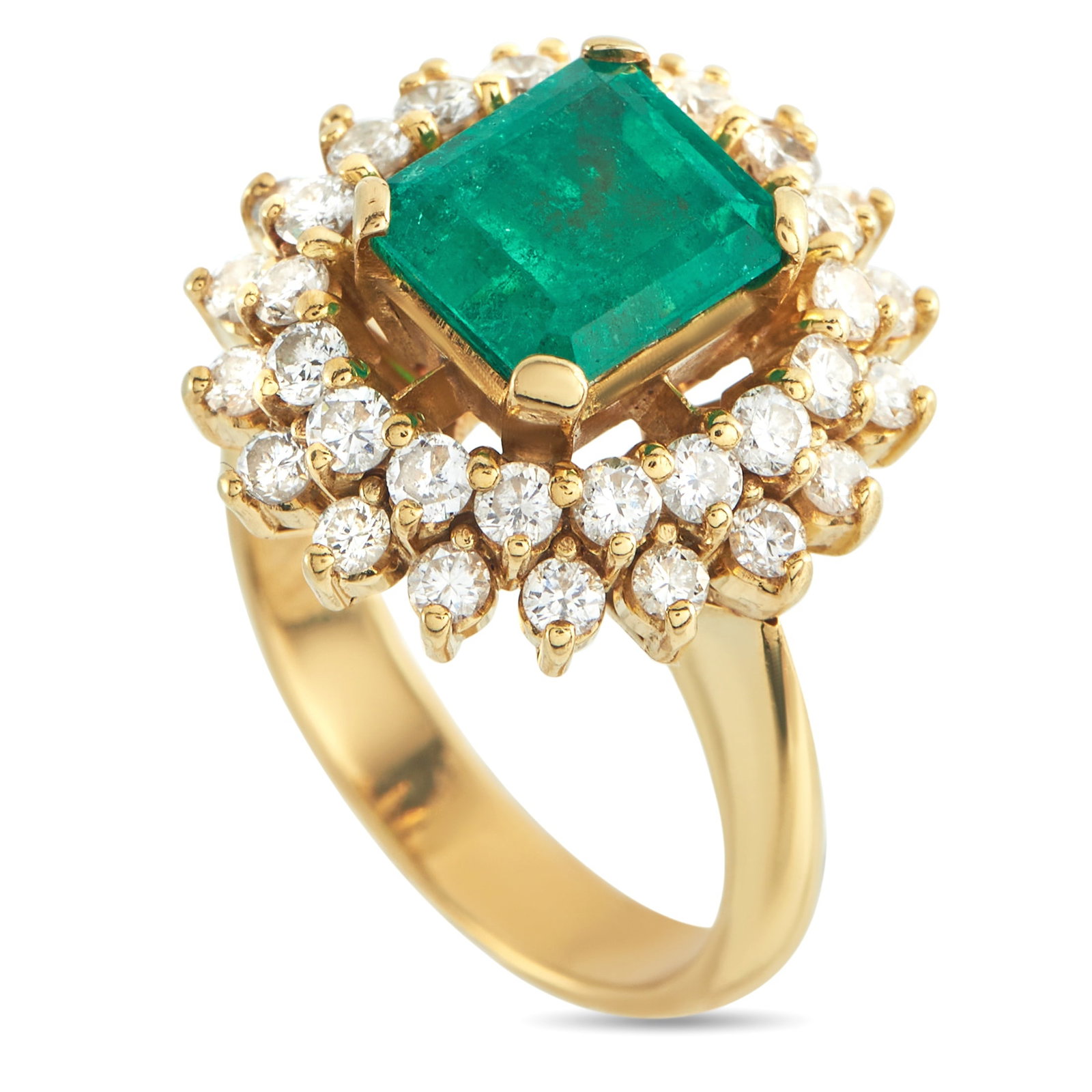 18K Yellow Gold 1.90ct Diamond and Emerald Ring: Bold and incredibly dynamic, this luxury ring exudes old fashioned elegance. A 2.75 carat Emerald adds a striking pop of color to the center of the design, while a double halo of Diamonds totaling 1.9