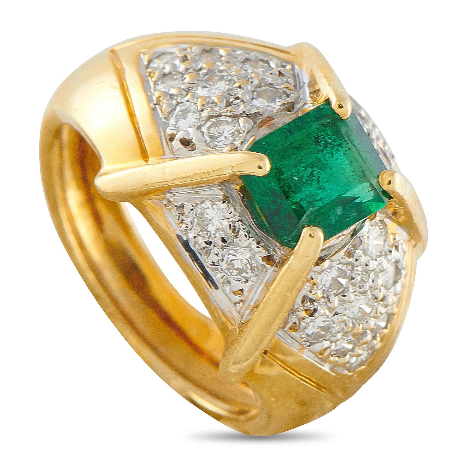 18K Yellow Gold 0.40ct Diamond and Emerald Ring: Inset Diamonds totaling 0.40 carats allow this ring to effortlessly catch the light. The opulent 18K Yellow Gold setting beautifully showcases the 0.85 carat Emerald center stone, which provides this 