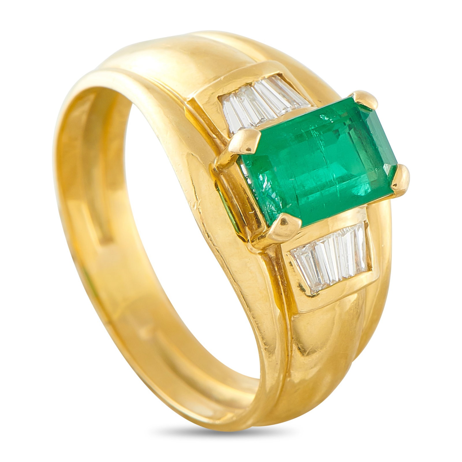 18K Yellow Gold 0.28ct Diamond and Emerald Ring: A sleek, sophisticated design makes this ring ideal for everyday wear. Set in 18K Yellow Gold, a 1.30 carat Emerald offers a stylish pop of color. The center stone is flanked by Diamonds totaling 0.28