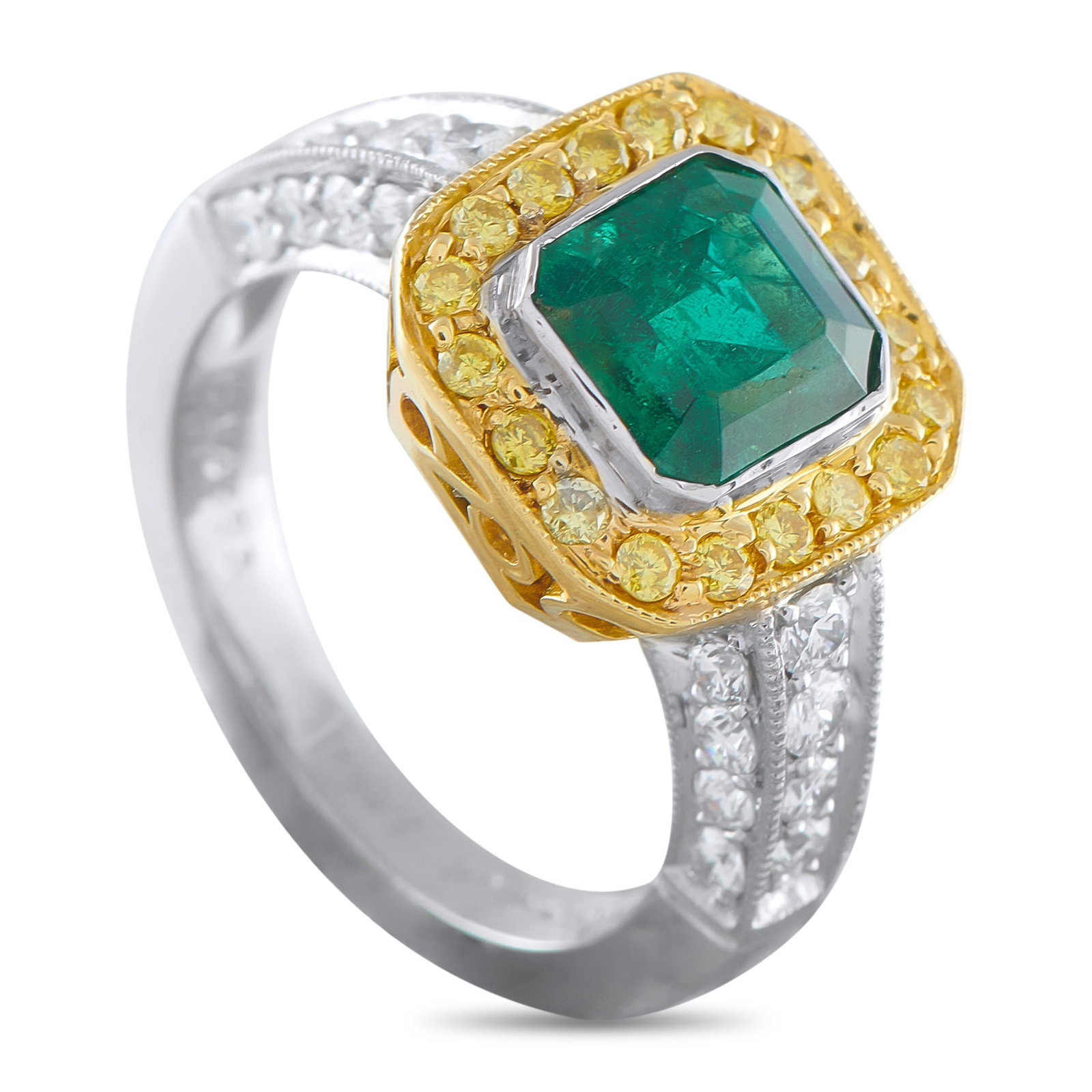 18K Yellow Gold 0.55ct Diamond and Emerald Ring: Add a touch of understated elegance to any ensemble with this luxury ring. A 1.86 carat Emerald makes a statement at the center of the 18K Yellow Gold setting. Diamonds with a total weight of 0.55