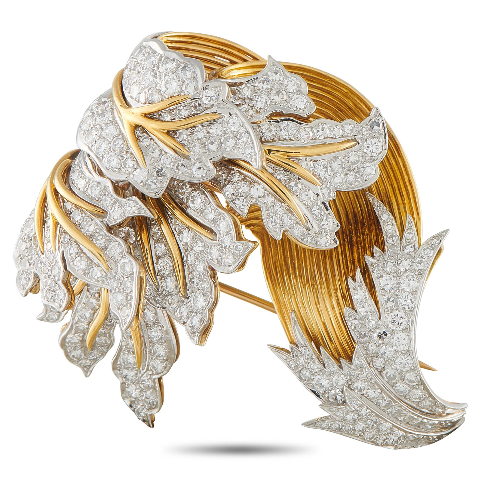 18K Yellow Gold 5.80ct Diamond Brooch: This exquisitely crafted brooch draws inspiration from the beauty of the natural world. The lustrous 18K Yellow Gold setting imparts a dramatic sense of movement, while sparkling Diamonds totaling 5.8